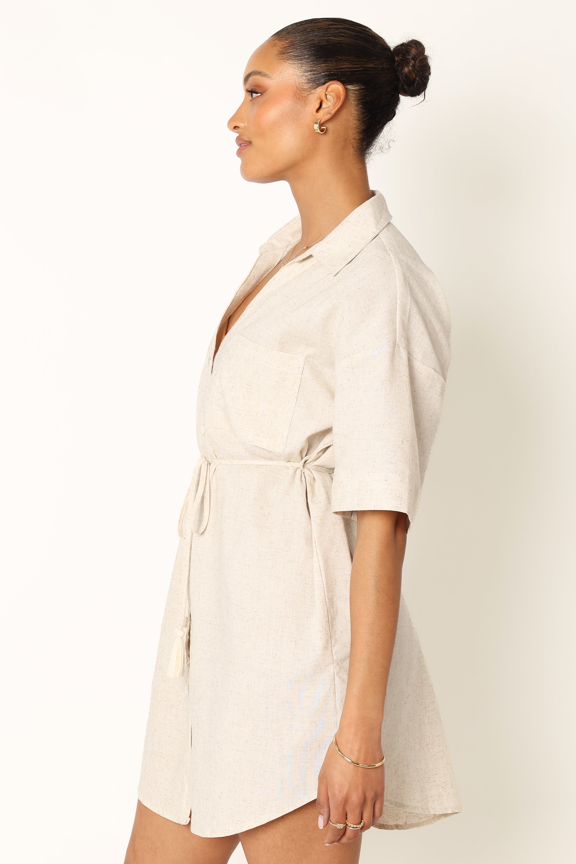 Bennie Mini Shirt Dress for Women - Casual Short Sleeve Summer Dress in Beige | Perfect for Beach, Vacation, and Everyday Wear