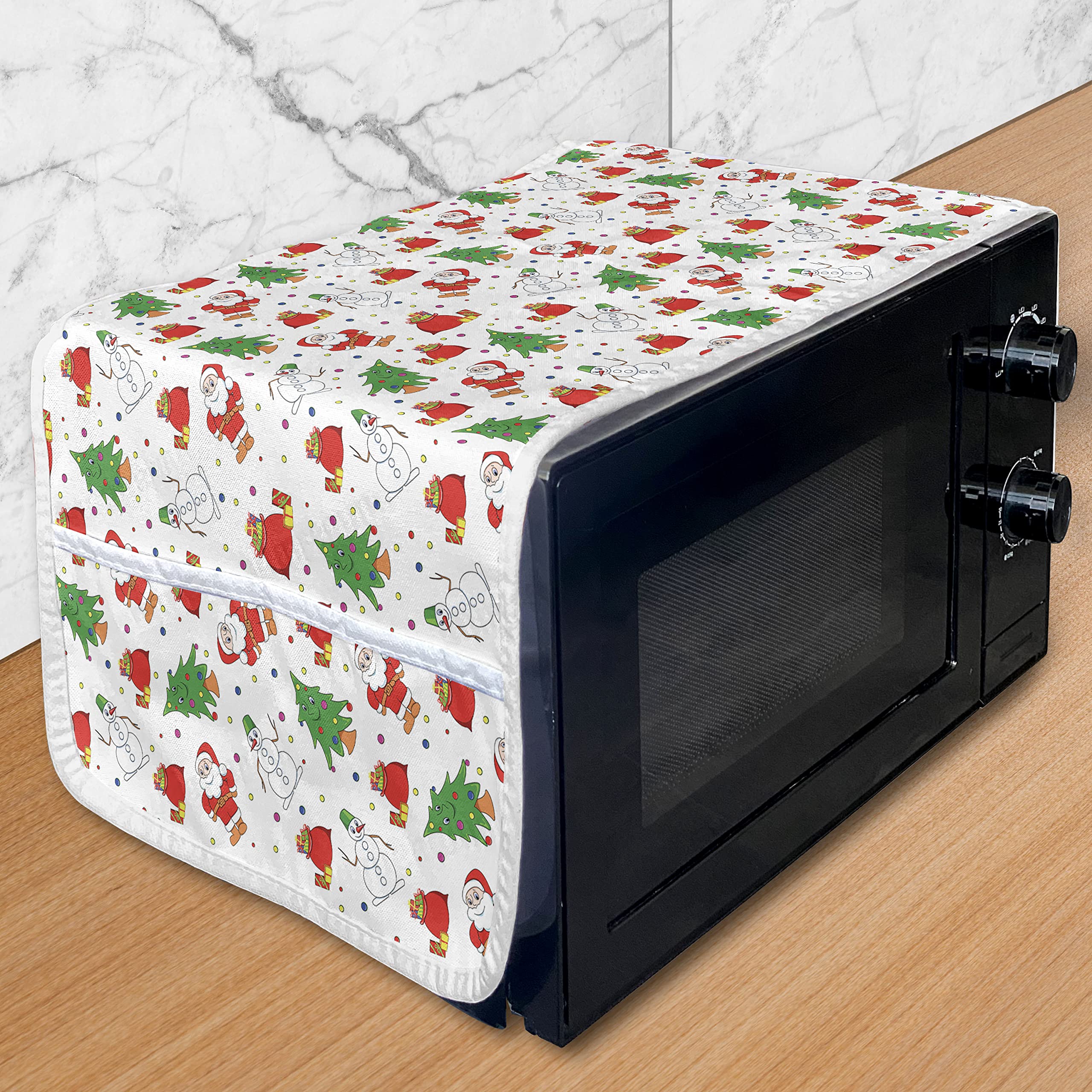 Ambesonne Christmas Microwave Cover - Santa Claus & Tree Design on Polka Dot Backdrop, Waterproof Kitchen Organizer with Pockets, 36
