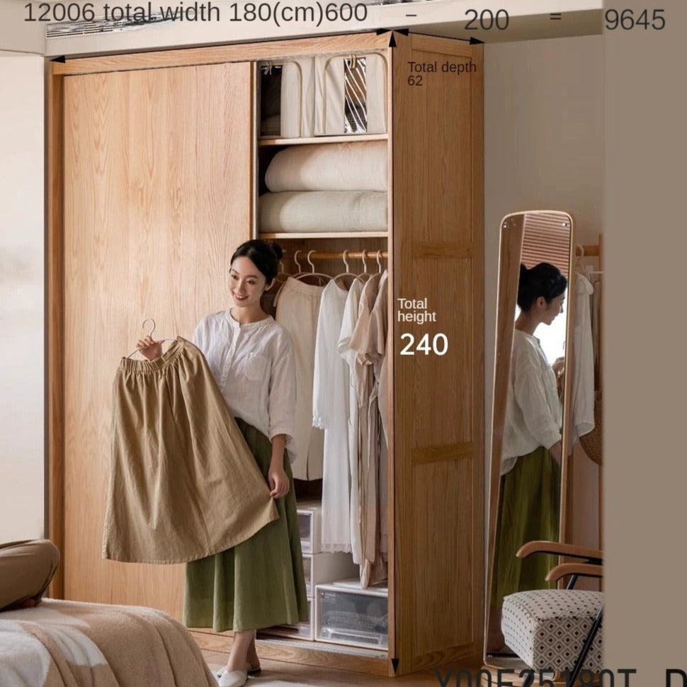 Solid Oak Wood Sliding Door Wardrobe Closet - Modern Storage Solution for Bedroom, Living Room & Office