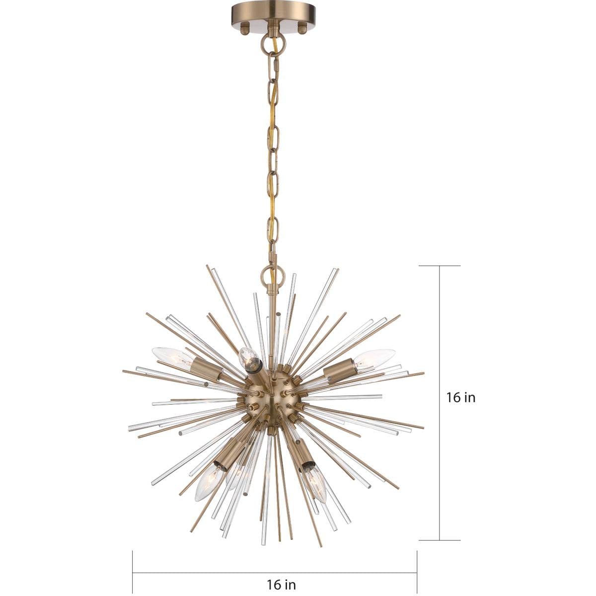 Vintage Brass NUVO 60/6992 Cirrus Chandelier with Glass Rods - 6-Light Fixture for Dining Room, Living Room, or Bedroom Elegant Lighting