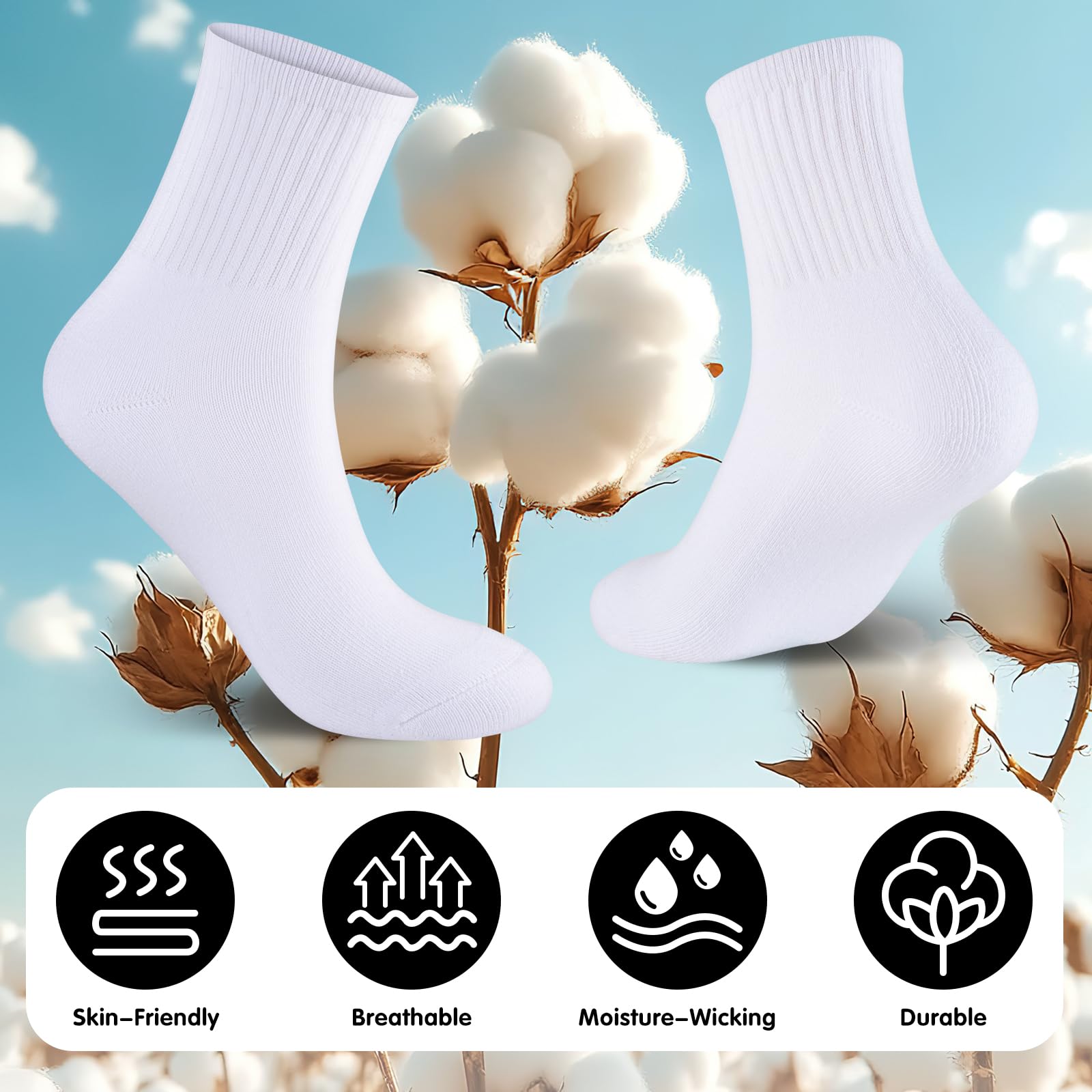 Women's 100% Cotton Cushioned Ankle Socks - Breathable Athletic Quarter Mini Crew Socks for Running, Yoga & Everyday Comfort - Pack of 6 Pairs