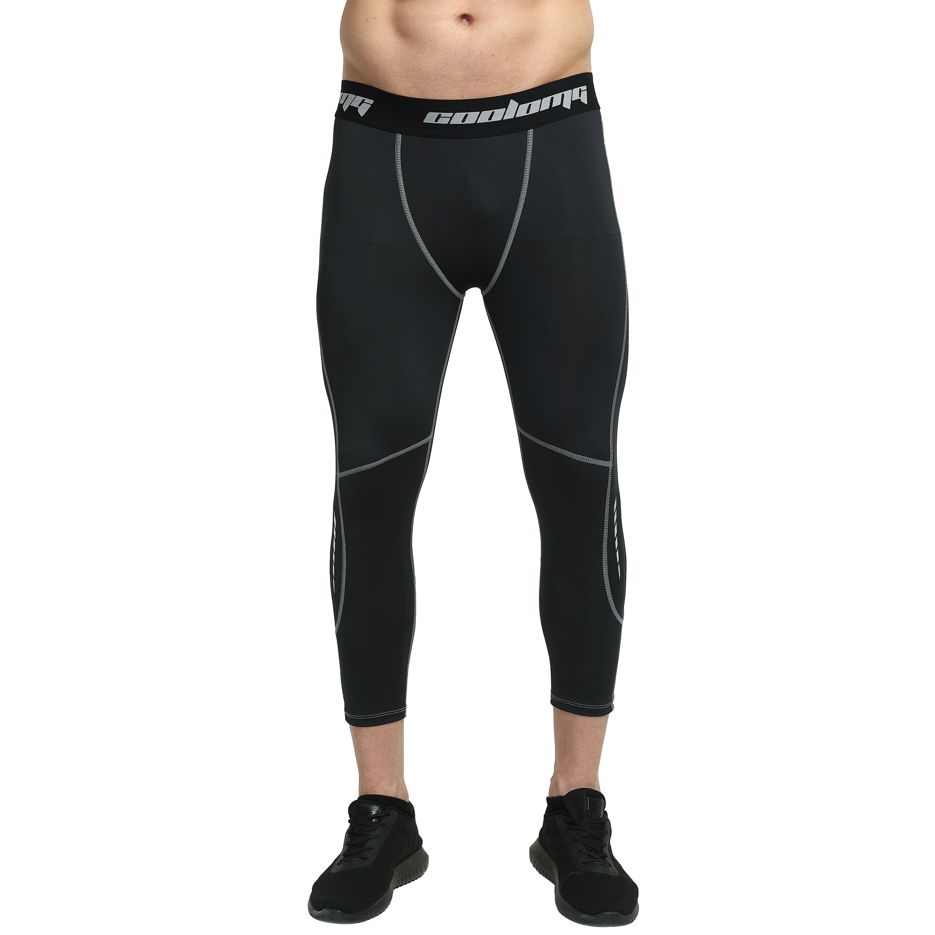 Black Compression 3/4 Tights Pants for Youth & Men - Athletic Workout, Running & Gym Performance Wear
