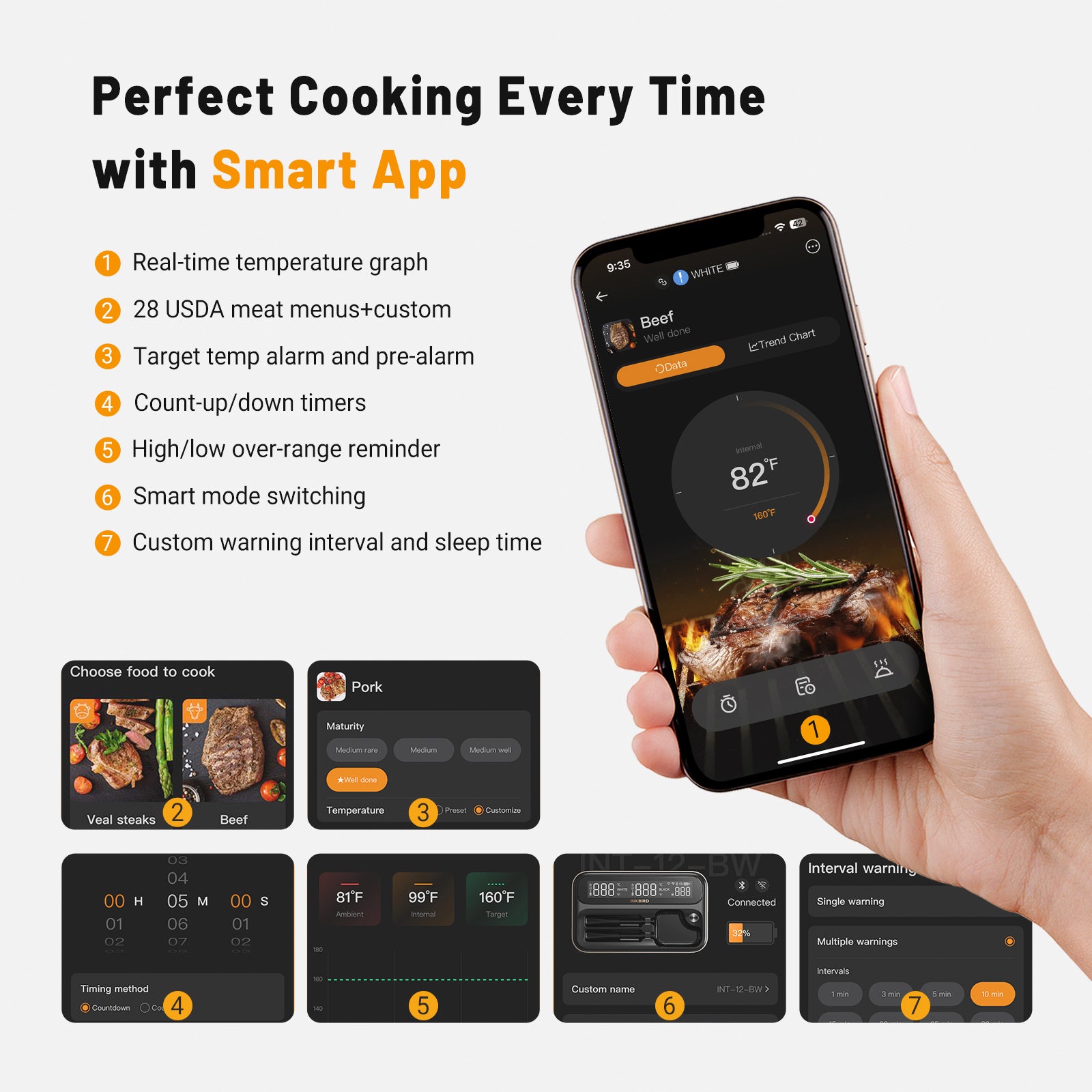 Wireless Bluetooth & WiFi Meat Thermometer for Grilling, Smoking, BBQ - INT 12 BW - Perfect for Outdoor Cooking, Home Kitchen, and Backyard Parties