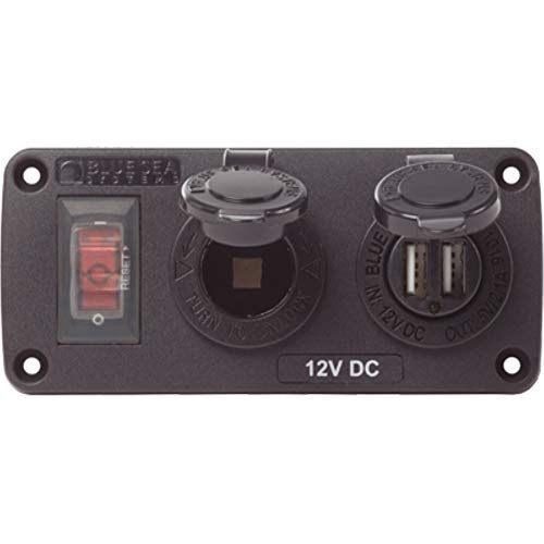 Blue Sea Systems Waterproof USB Accessory Panel with 12V Socket & 2.1A Dual USB Charger - Marine & RV Power Solution for Boats, Campers & Off-Grid Living