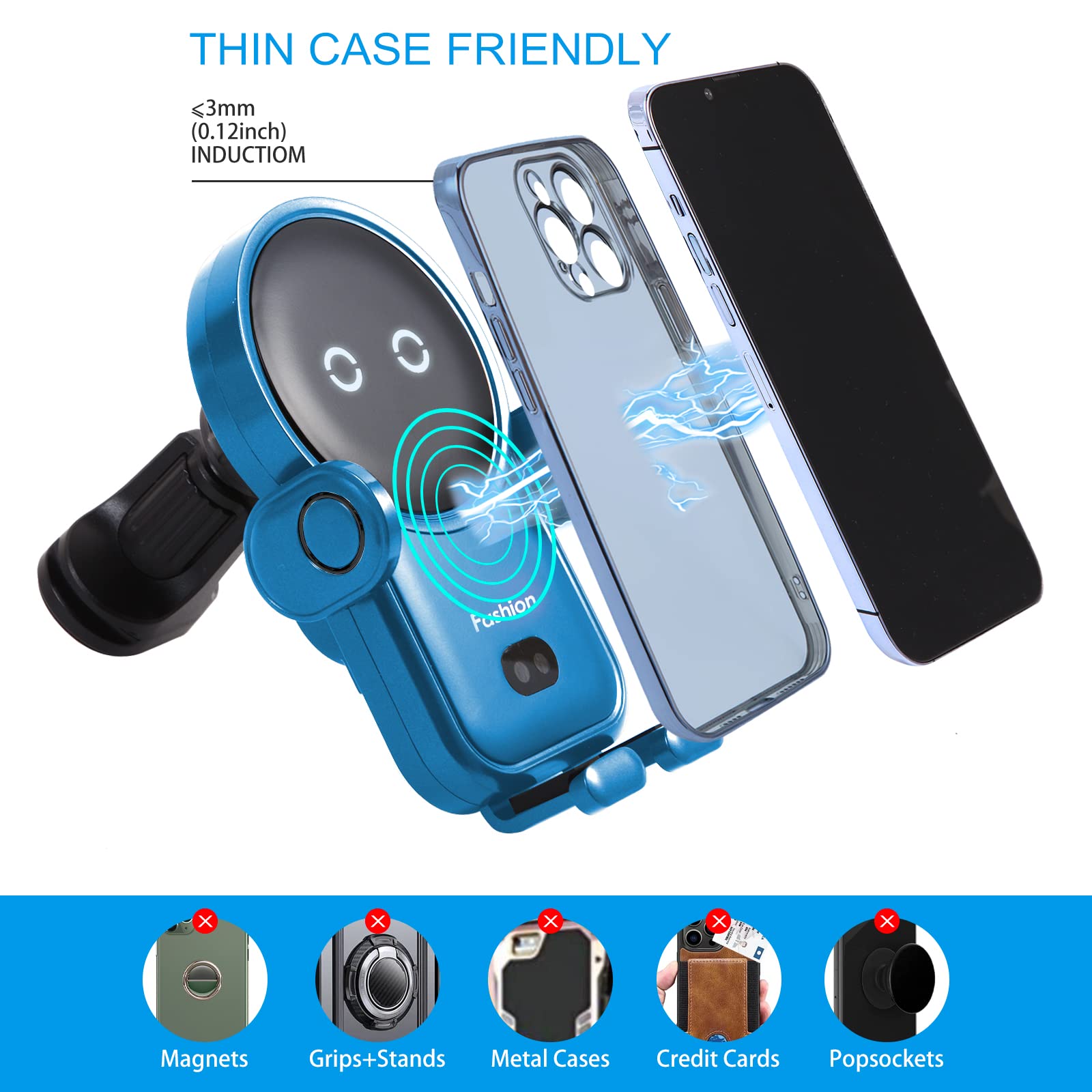 Upgraded 15W Qi Fast Wireless Car Charger Mount - Auto Clamping Phone Holder for iPhone 13/12/11/XS/XR/8, Samsung S22/S21/S20/Note 20 - Air Vent Phone Mount with Fast Charging (Blue) | Perfect for Commuting, Road Trips & Hands-Free Driving