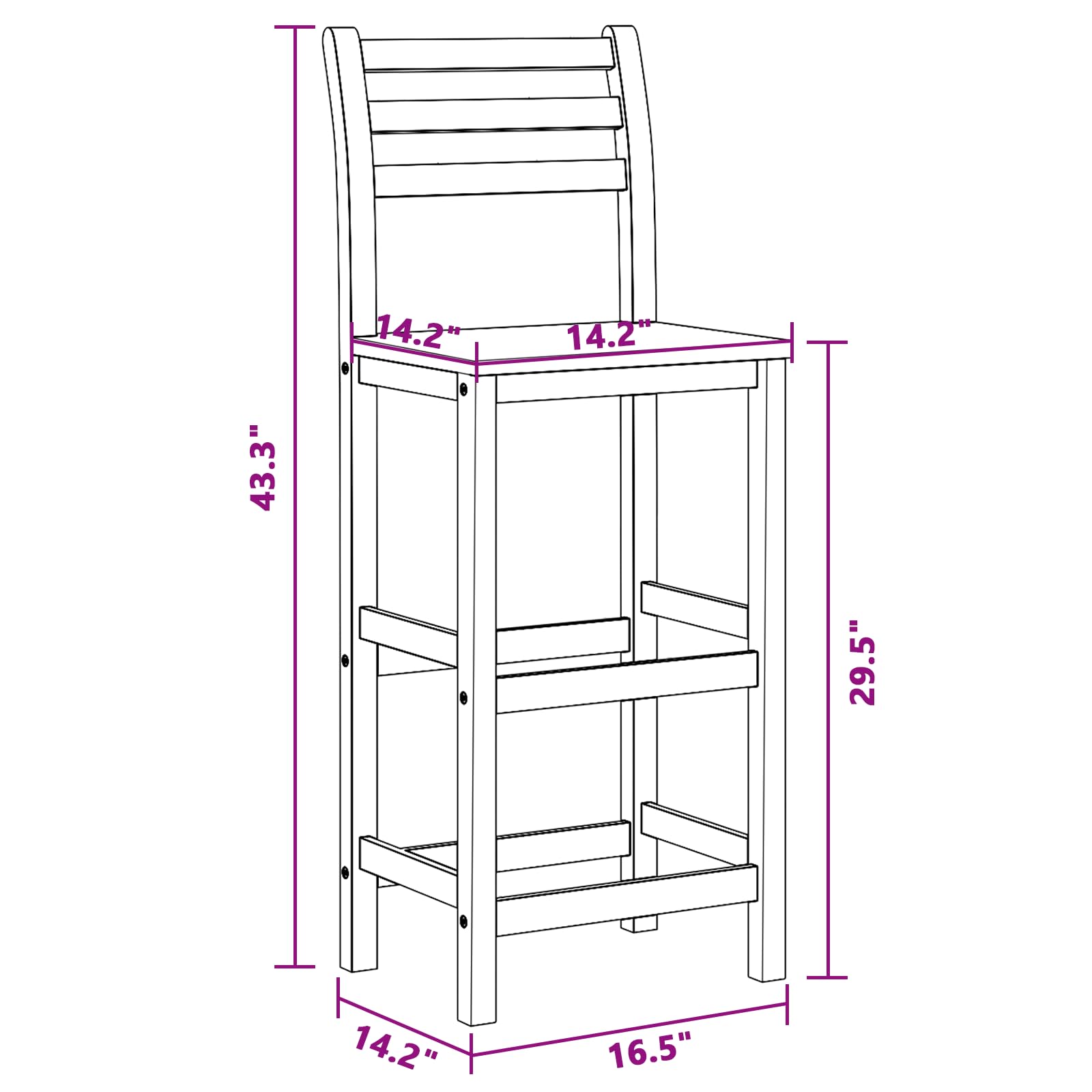 Set of 4 Solid Acacia Wood Bar Stools with Backrest & Footrest - 14.2