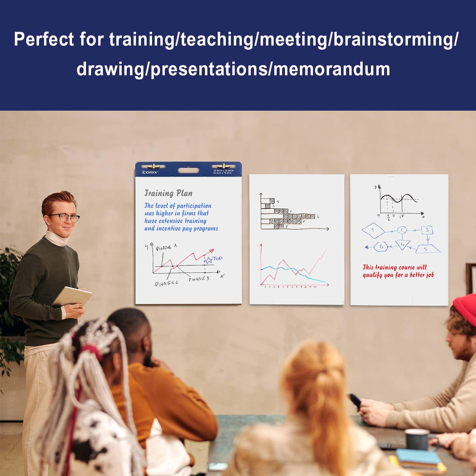 Comix Sticky Easel Pad, 25 x 30 Inches Self-Stick Flip Chart Paper - 30 Sheets/Pad, 4 Pads/Pack - Ideal for Teachers, Office, School & Classroom Supplies - Perfect for Presentations, Brainstorming & Teaching Activities
