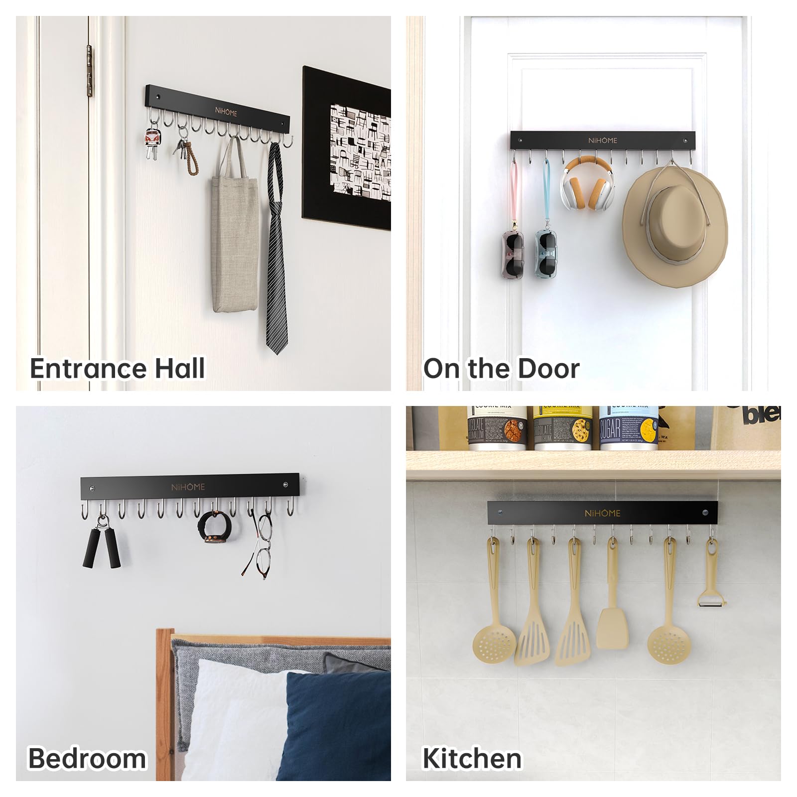 NiHome Wooden Belt & Tie Hanger for Closet - 12 Rotating Hooks for Organizing Belts, Ties, Scarves, Lingerie - Space Saving Wall Mounted or Hanging Closet Organizer (Black, 2PCS) - Perfect for Bedroom, Walk-in Closet, Dorm Room Organization