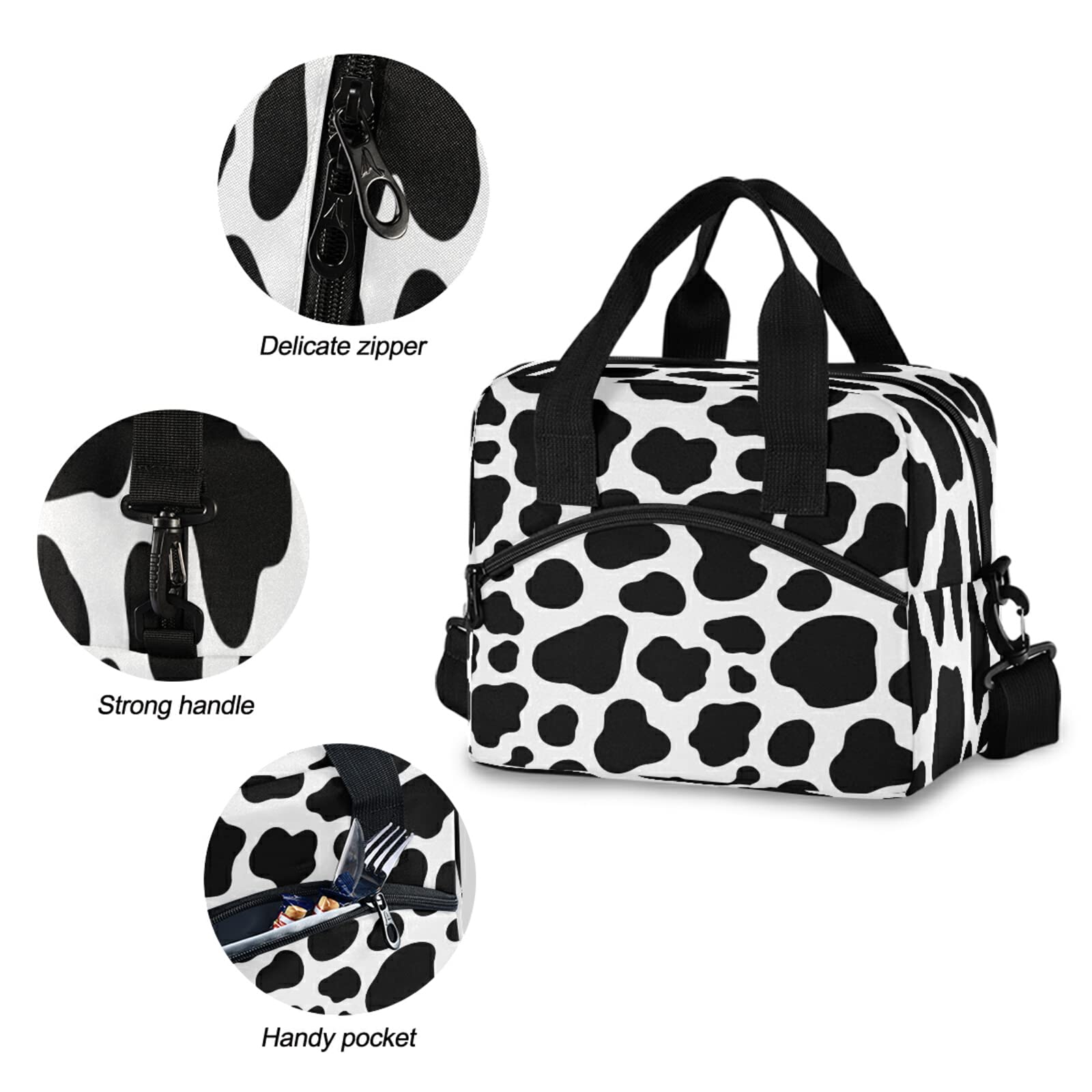 Insulated Reusable Lunch Bag with Cow Print - Eco-Friendly Cooler Tote for Women, Men & Kids - Perfect for School, Office, Picnic & Travel - Black Zippered Lunch Box Organizer