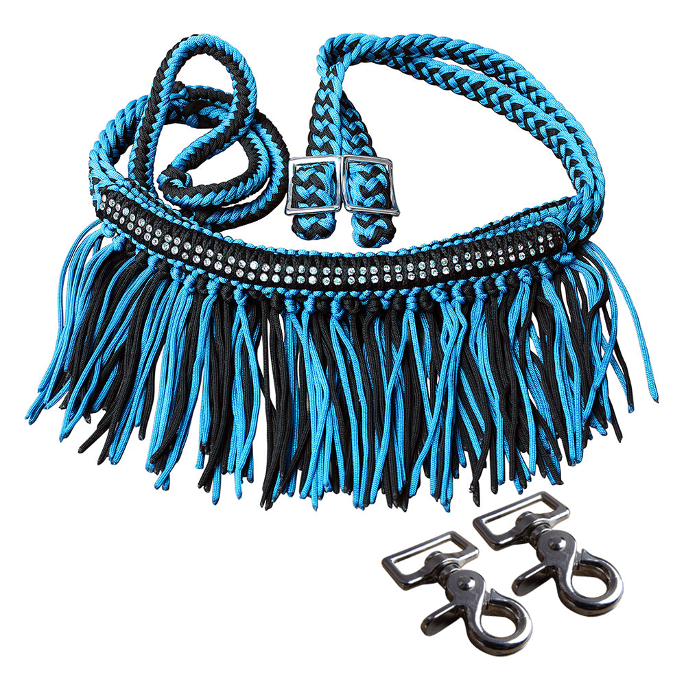 1 X 8Ft Hilason Braided Barrel Horse Racing Reins with Knots & Fringe - Crystal Decorated with Snaps - Perfect for Western Riding, Rodeo Events & Equestrian Competitions