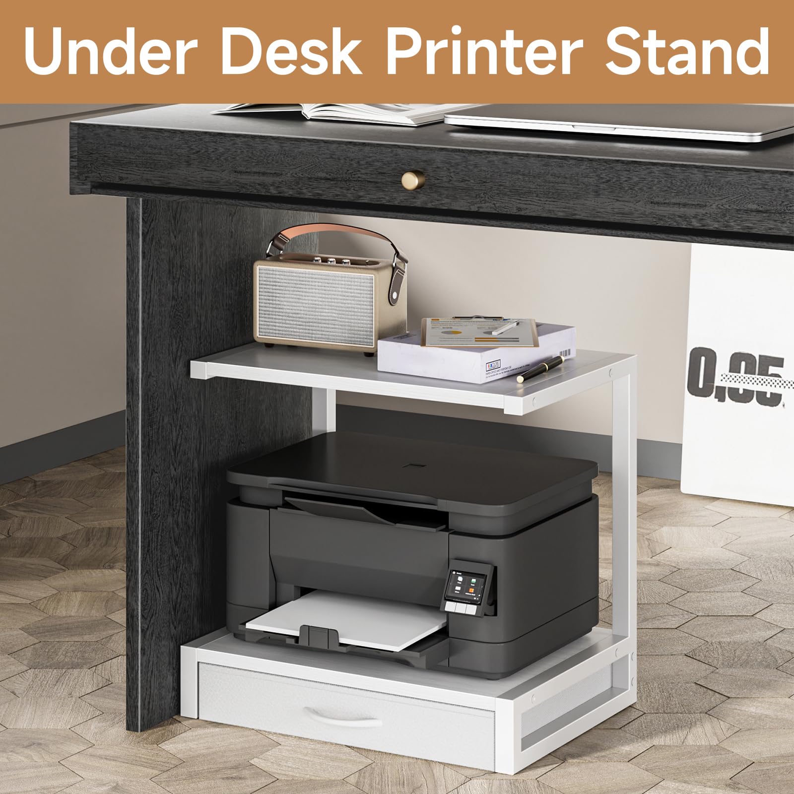 2-Tier Desktop Printer Stand with Fabric Drawer - Home Office Organizer with Storage Shelf for 3D Printer, Fax Machine & Scanner - Space-Saving Desk Accessory (17.3