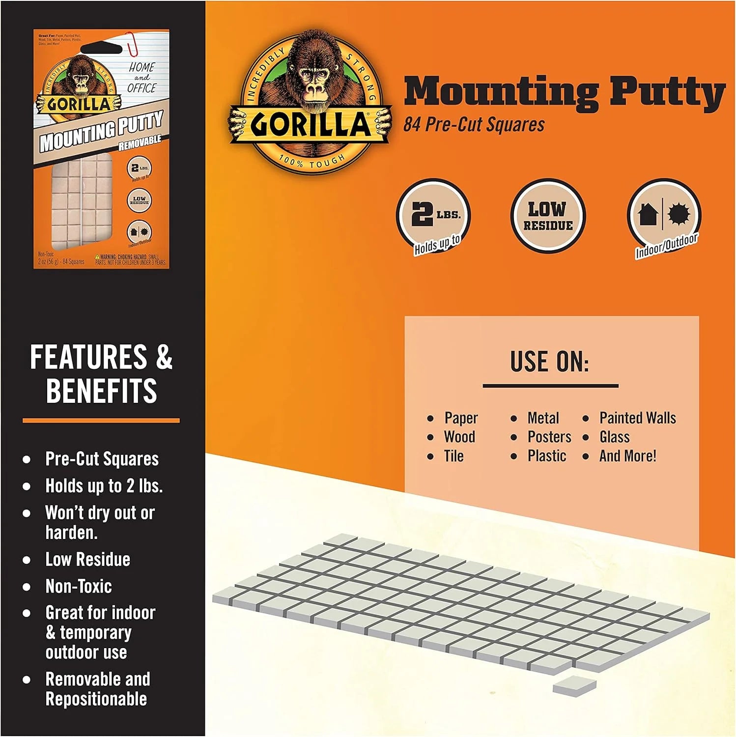 Gorilla 672 Squares of Non-Toxic Mounting Putty - Removable & Repositionable Adhesive for Hanging Posters, Photos & Decor (Natural Tan) - Perfect for Home, Office & Classroom Use