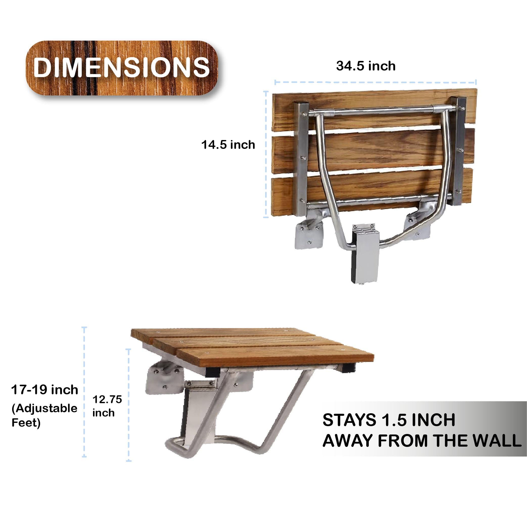 Folding Shower Chair with Teak Wood Seat & Stainless Steel Frame - 400 lbs Weight Capacity, ADA Compliant Bath Seat for Elderly & Disabled - Non-Slip Bathroom Safety Stool for Seniors & Shower Benches for Adults (Natural Teak, SEAT-TK) - Perfect for Bathroom Safety, Assisted Living & Spa Relaxation