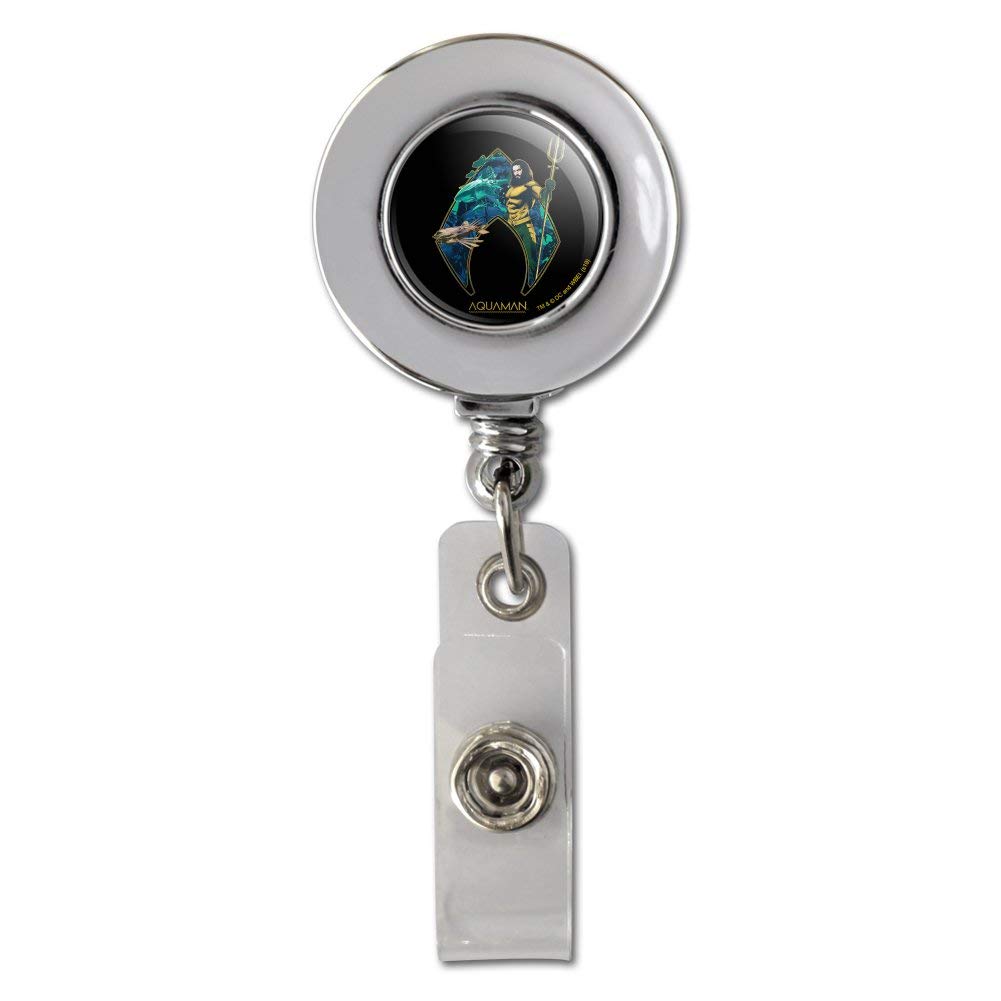 Aquaman Movie Atlantis Logo Retractable ID Badge Holder - Chrome Metal Card Clip for Work, School, and Events