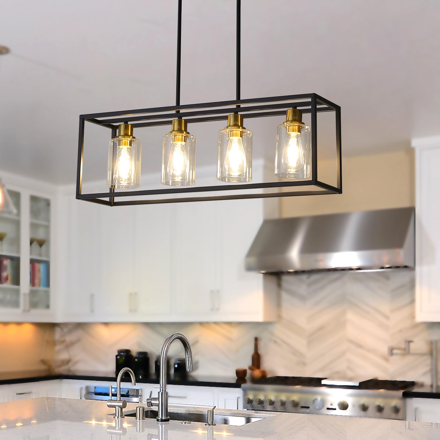 EMONG 4-Light Black and Gold Rectangular Chandelier - Adjustable Height Dining Room Pendant Light with Clear Glass Shade for Kitchen Island, Dining Table & Breakfast Nook Lighting