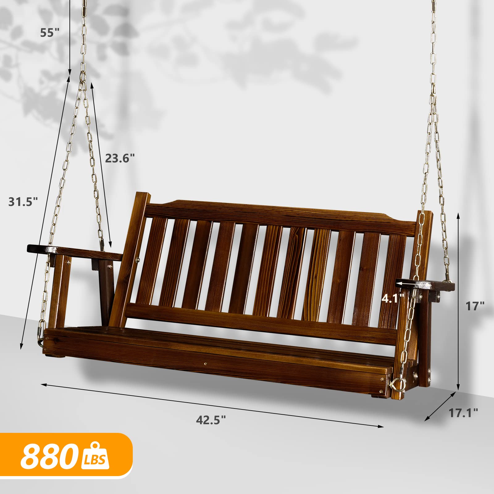 VINGLI Upgraded Heavy Duty 880 LBS Capacity 4 FT Patio Swing - Solid Fir Wood Porch Swing with Rustic Design for Outdoor Garden, Yard, Balcony, or Tree - Perfect for Relaxing, Lounging, and Enjoying Nature