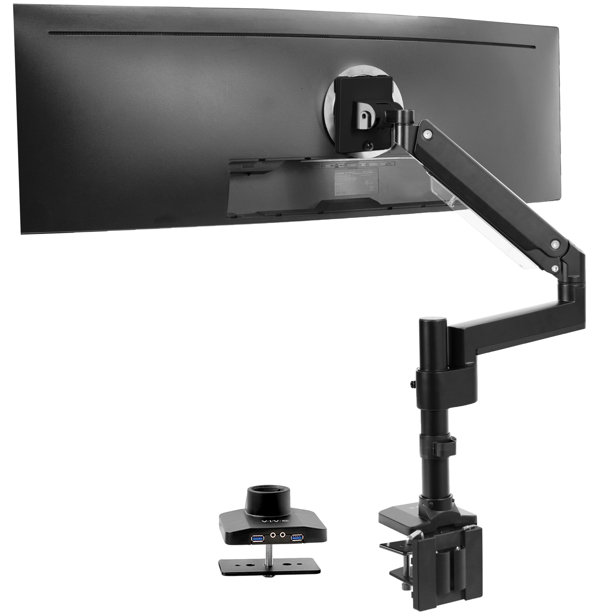 VIVO Premium Aluminum Extended Monitor Arm for Ultrawide Monitors up to 49 inches, 33 lbs Capacity - Single Desk Mount Stand with USB Port, Pneumatic Height Adjustment, Max VESA 100x100 (Black, STAND-V101GTU) - Perfect for Home Office, Gaming Setup, and Workspace Ergonomics