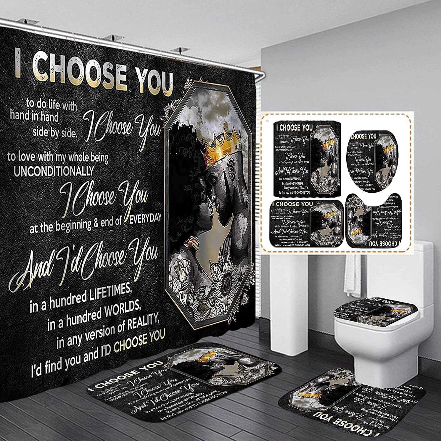 4PCS African King and Queen Shower Curtain Set with Bath Mat - Waterproof Bathroom Decor for Couples, 71x71 Inch with 12 Hooks - Perfect for African American Home Decor, Romantic Bathrooms & Unique Gift Ideas
