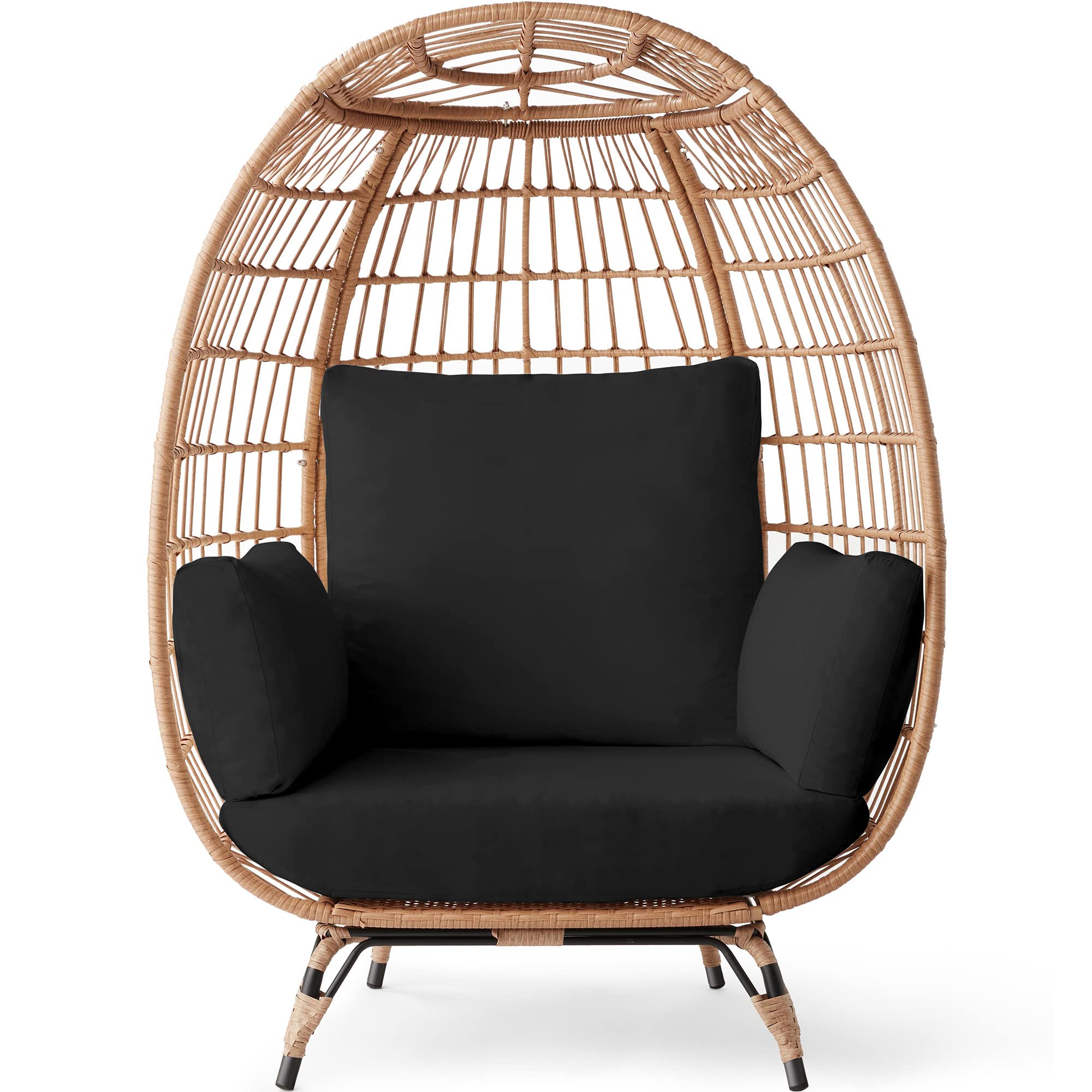 Best Choice Products Oversized Wicker Egg Chair - Indoor/Outdoor Hanging Lounge Chair with 4 Cushions & Steel Frame (440lb Capacity, Black) - Perfect for Patio, Backyard, Living Room & Relaxation Spaces