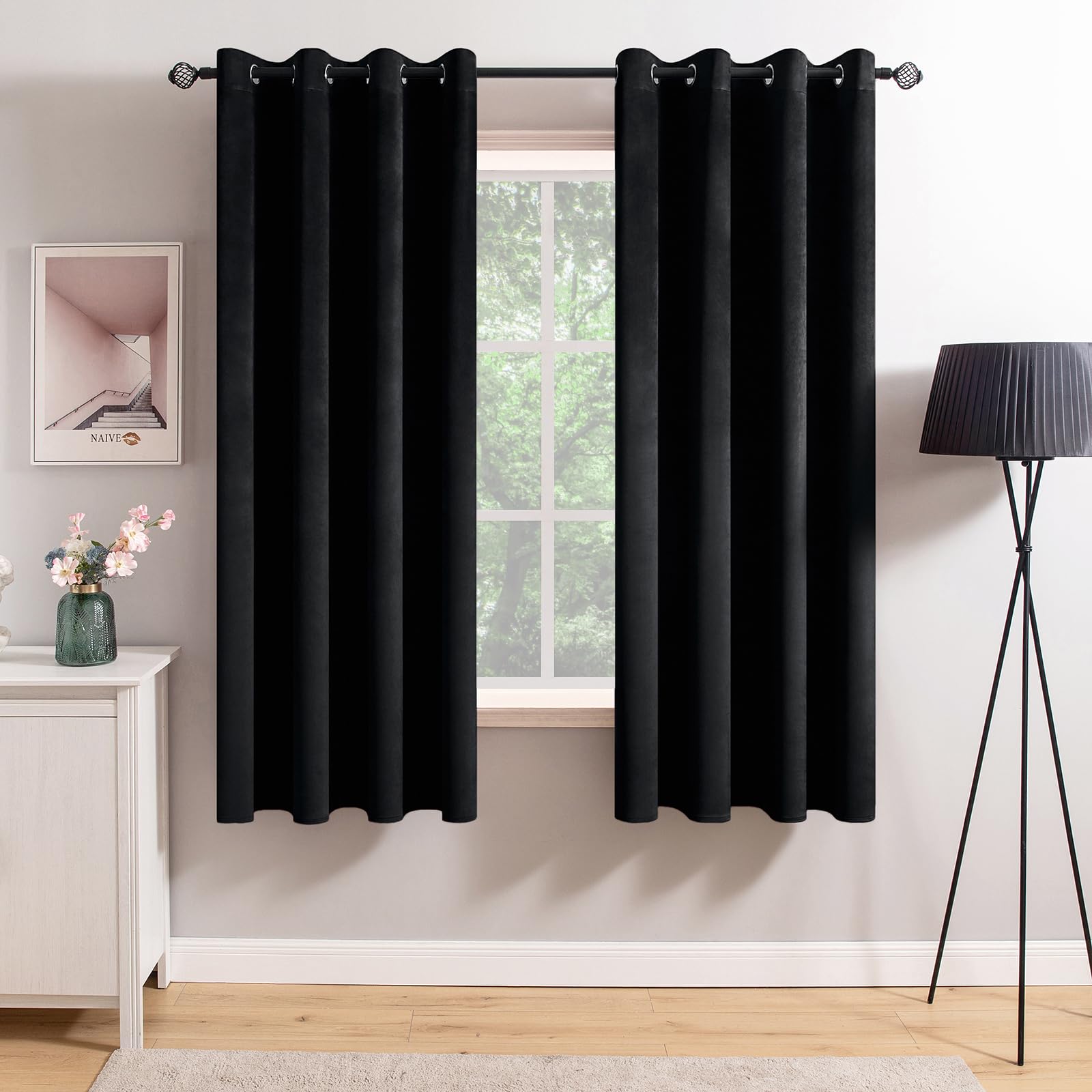 MIULEE Black Velvet Curtains 63 Inch Length - Room Darkening Blackout Curtains with Grommet Top for Bedroom & Living Room - Light Blocking, Thermal Insulating, Soundproof Window Treatment (Set of 2 Panels) - Perfect for Home Theater, Nursery & Office Privacy