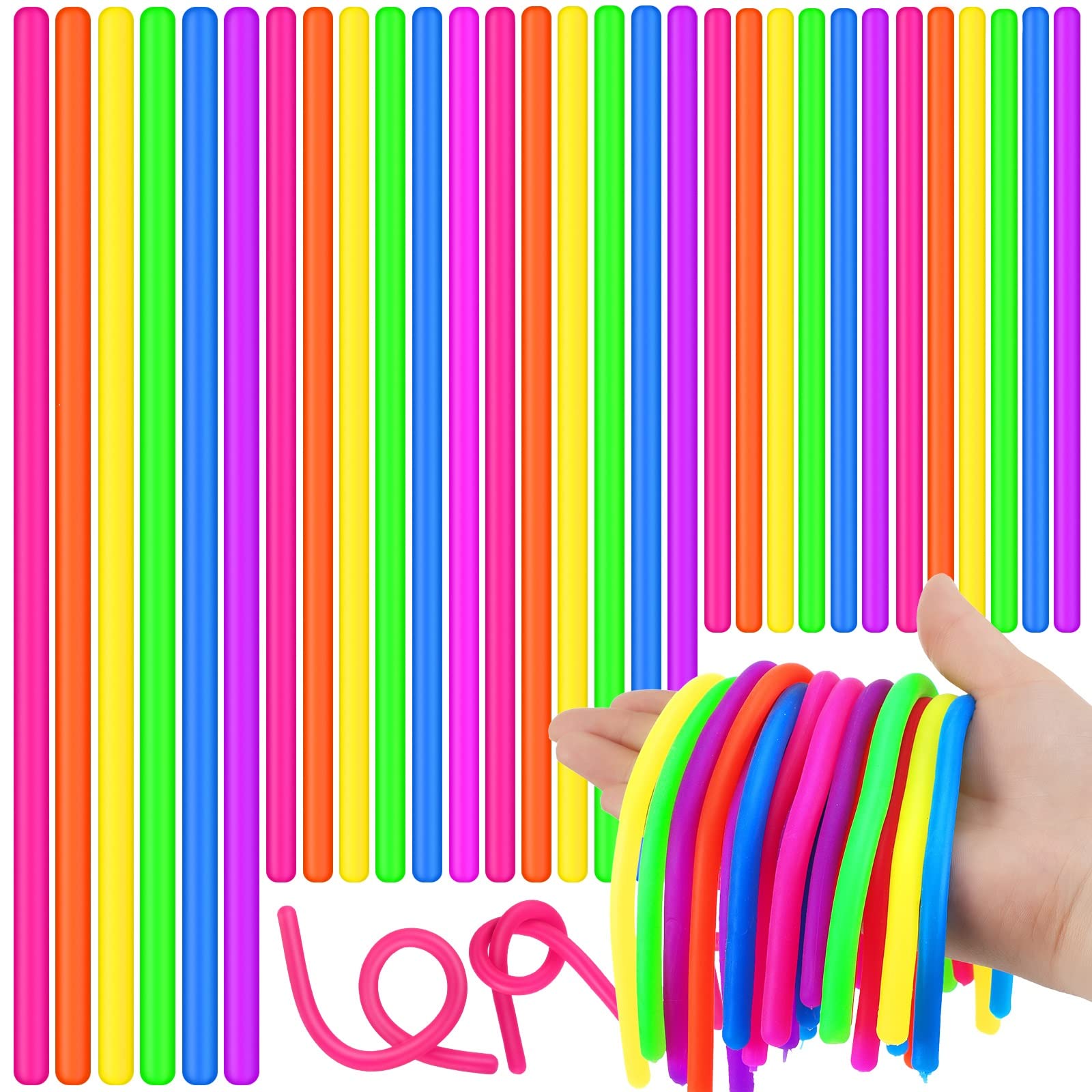 100 Pcs Stretchy String Fidget Sensory Toys - Monkey Noodle Fidget Toy for Stress Relief & Anxiety - Calming Sensory Toys for Kids & Adults - Stocking Stuffers, Party Favors, Classroom Prizes (3 Sizes) - Perfect for ADHD, Autism, Office & Travel Stress Relief