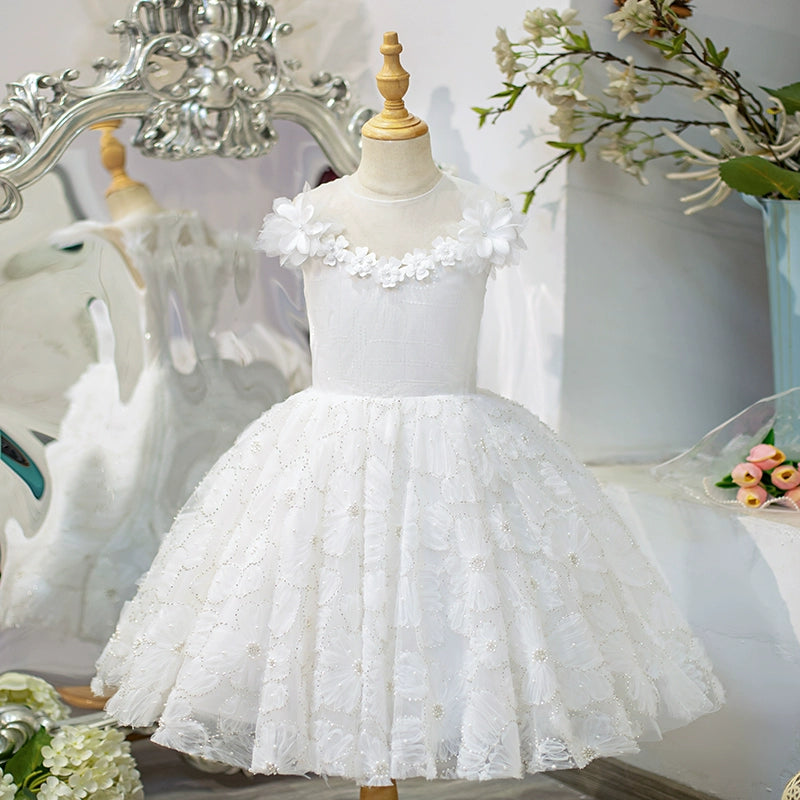 White A-Line Princess Flower Girl Dress with Lace & Tulle – Perfect for Weddings, Baptisms & Special Occasions