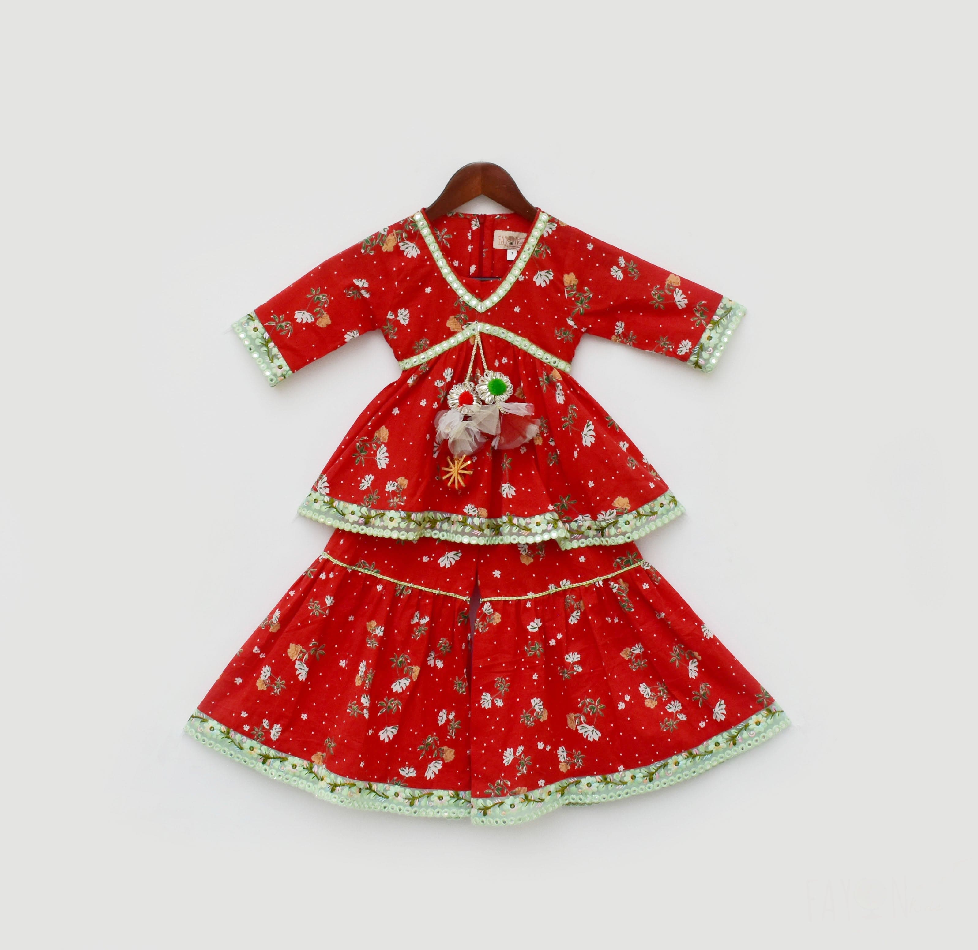 Pre Order: Stylish Red Cotton Printed Kurti Sharara Set for Women - Perfect for Festivals, Weddings & Casual Wear