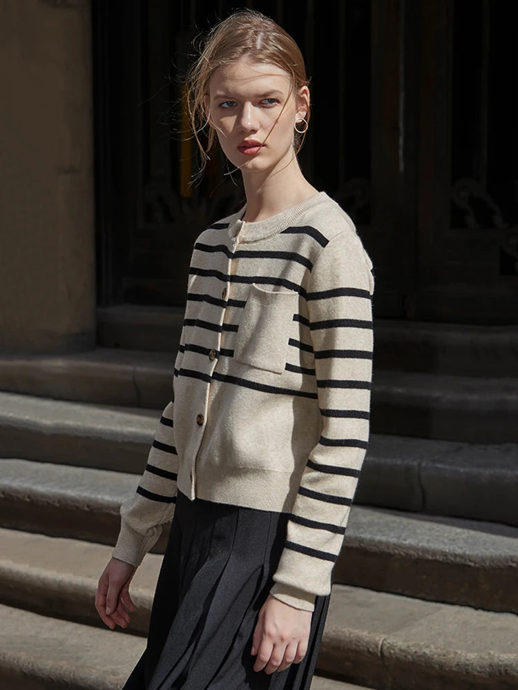 90s Striped Cropped Cardigan for Women - Y2K Preppy Style Crew Neck Knit Sweater | Korean Fashion | Casual Outfits, Office Wear & Date Night Looks