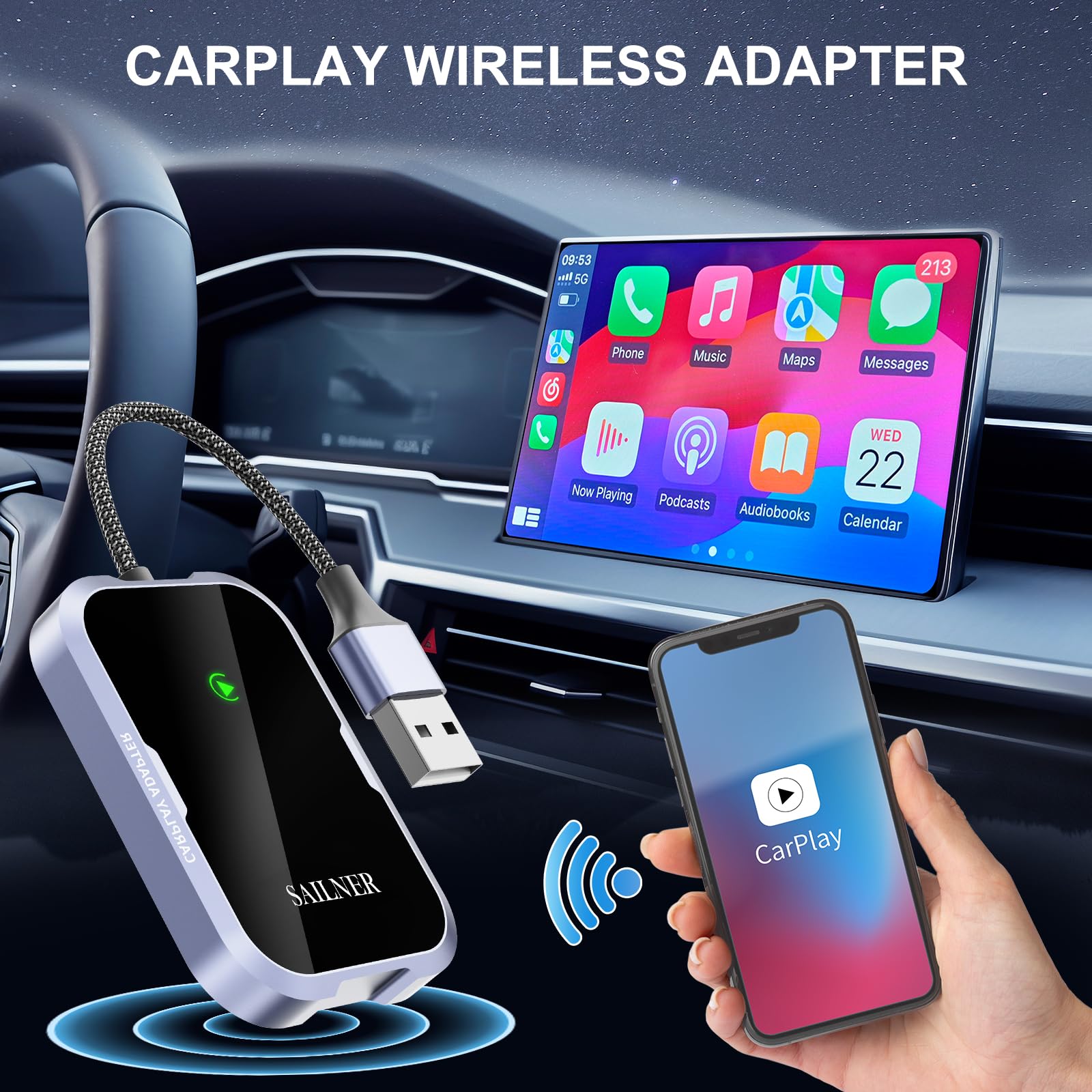 Sailner Wireless CarPlay Adapter for iPhone - Seamless Bluetooth Connection, Plug & Play Auto Upgrade - Perfect for Commuting, Road Trips & Hands-Free Driving