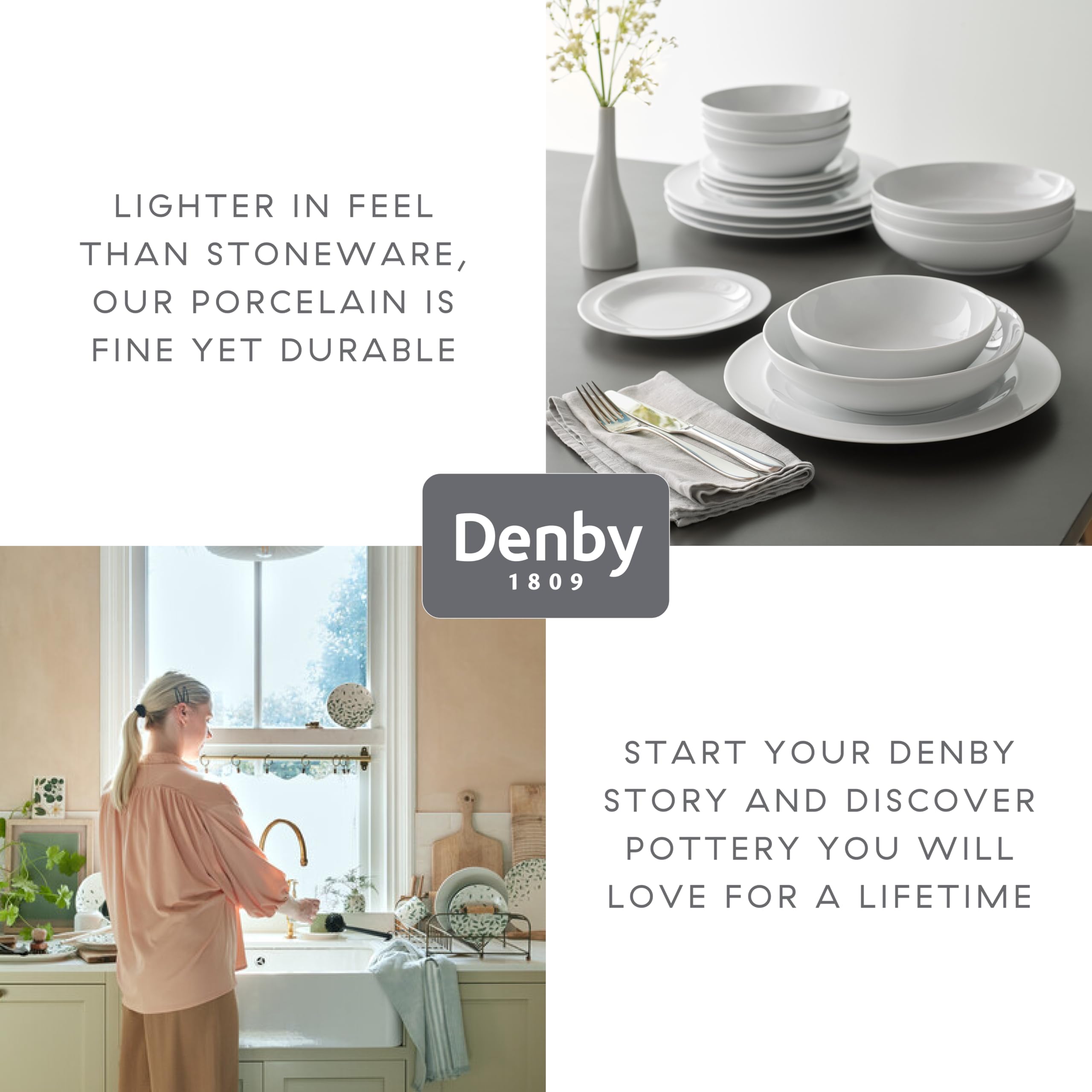 Denby White 12-Piece Porcelain Dinnerware Set - Fine China Dinner Plates, Salad Plates & Cereal Bowls - Dishwasher & Microwave Safe, Scratch Resistant - Perfect for Family Dinners, Holiday Entertaining & Everyday Use