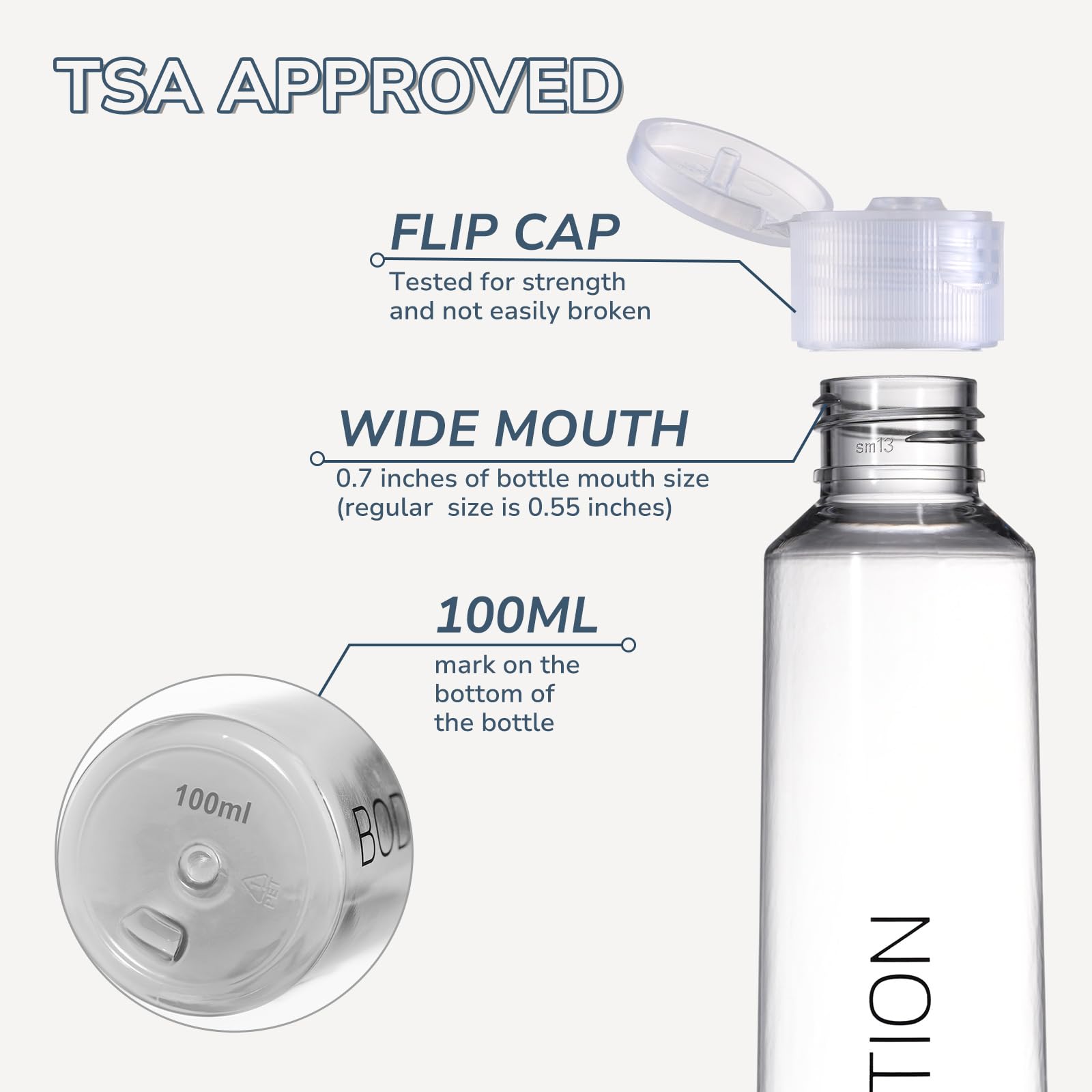 LISAPACK 3.4 oz (100ml) TSA Approved Travel Bottles for Toiletries - 6 Pack Leak Proof Plastic Containers for Shampoo, Conditioner & Lotion - Perfect for Air Travel, Gym & Vacation Essentials (Clear)