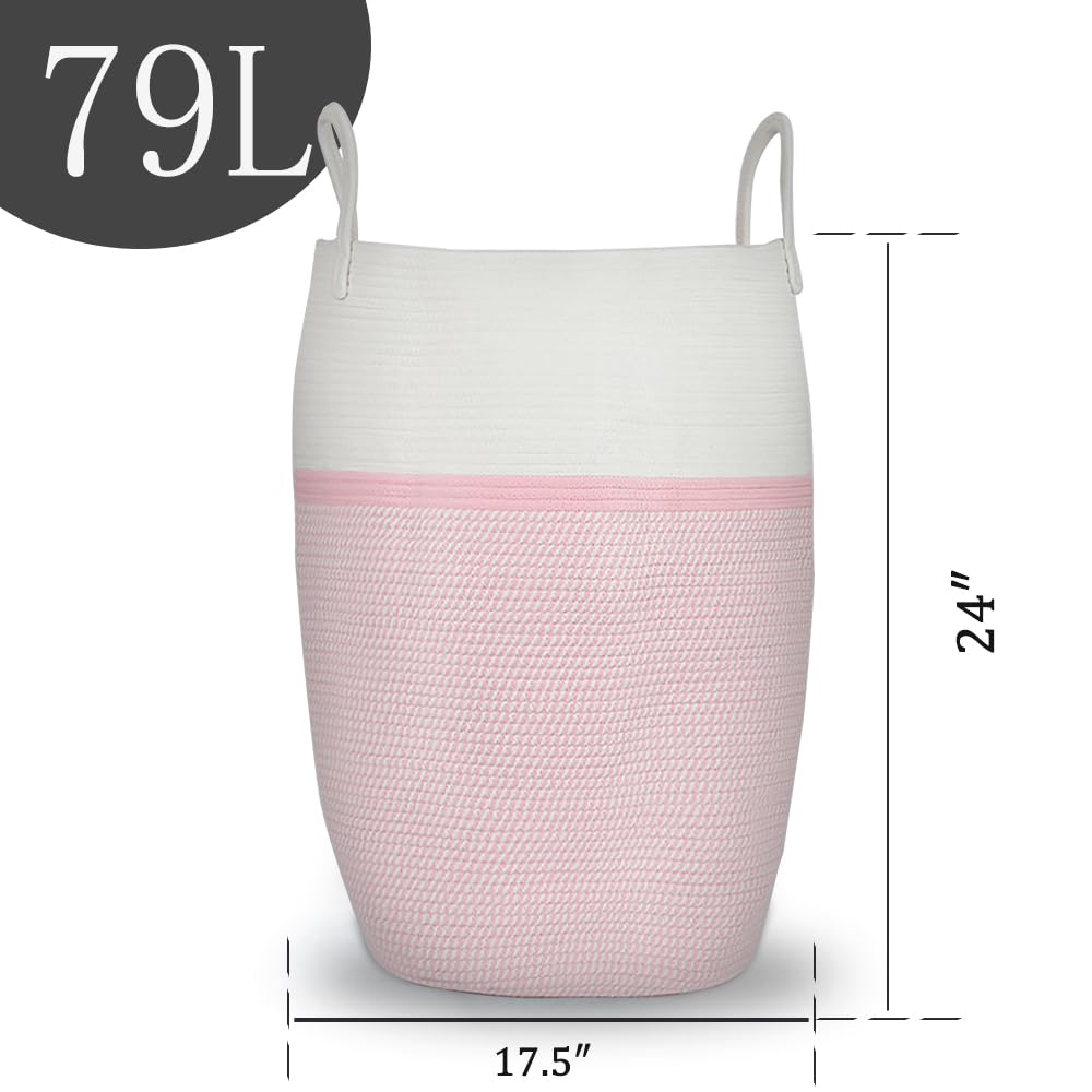 Large Woven Laundry Basket with Handles - Tall Nursery Hamper for Baby Clothes, Blankets & Towels - Decorative Storage Basket for Kids, Living Room & Nursery Organization - Pink & White Cotton Fabric Basket (Perfect for Baby Rooms, Playrooms & Home Organization)