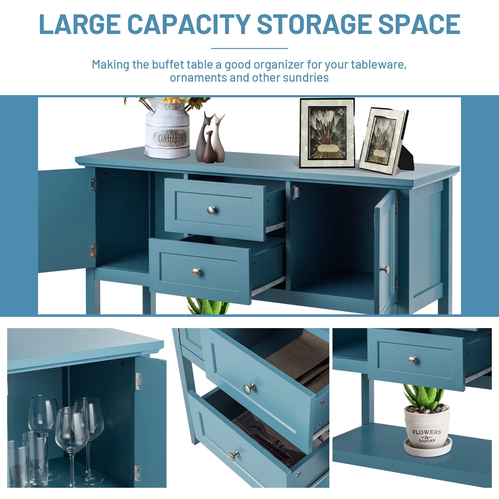 COSTWAY Buffet Sideboard with 2 Wood Storage Drawers & Open Shelf | Modern Console Table for Living Room, Kitchen & Dining Room Furniture | Blue Storage Cabinet for Home Organization & Entertaining