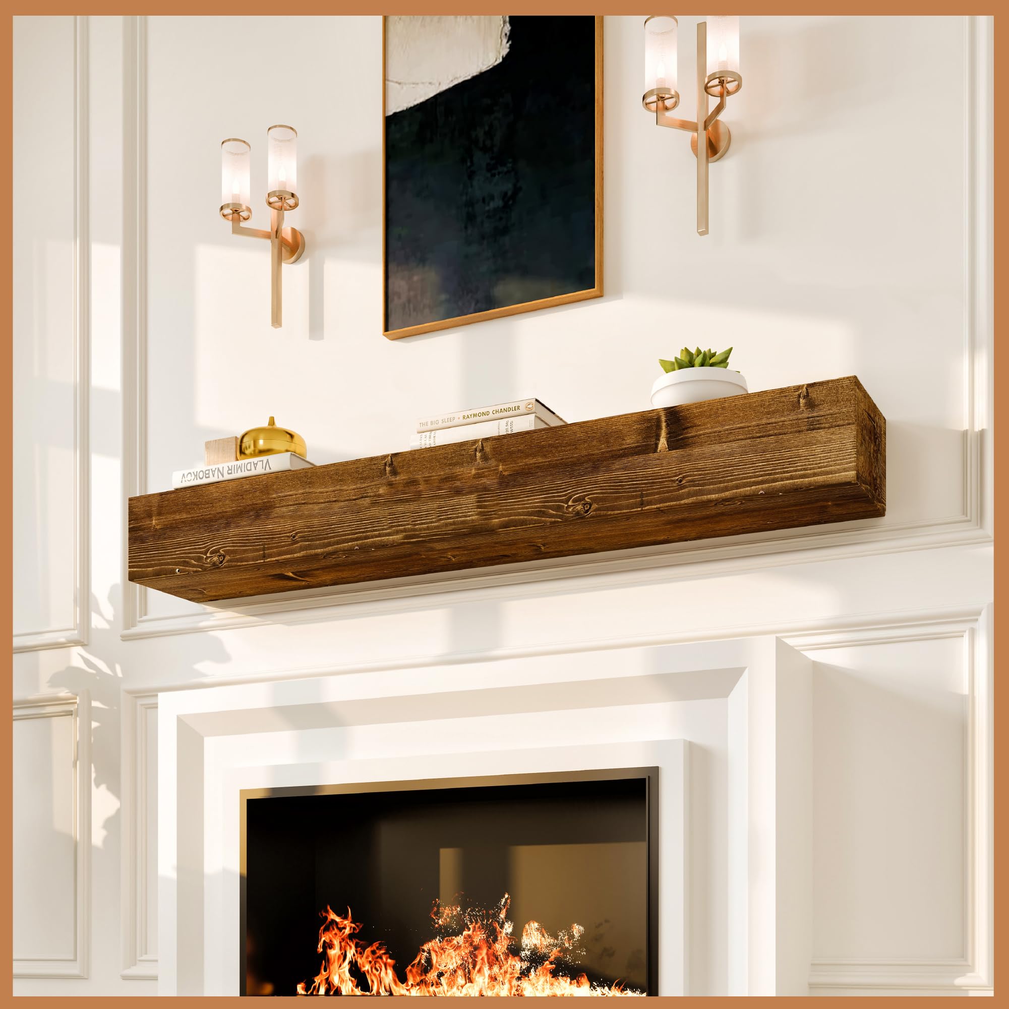 Avana 60 Inch Rustic Fireplace Mantel Shelf - Handcrafted Solid Wood Wall Mounted Mantel for Farmhouse Decor - Floating Fireplace Shelf 60