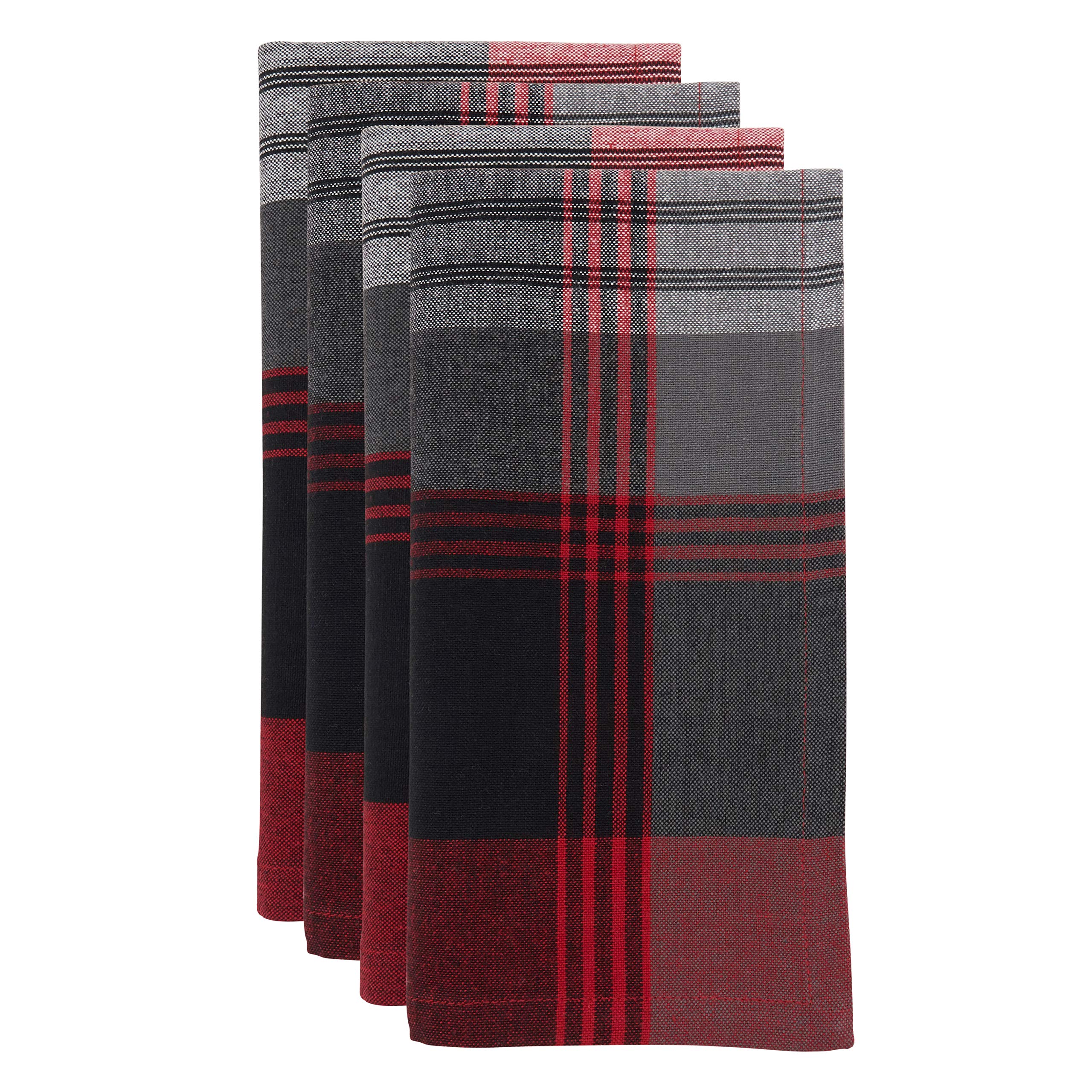 Premium Cotton Plaid Table Napkins Set of 4 - Soft Absorbent Dinner Napkins for Everyday Use, Parties & Holiday Dining - Red Black Checkered Kitchen Linens