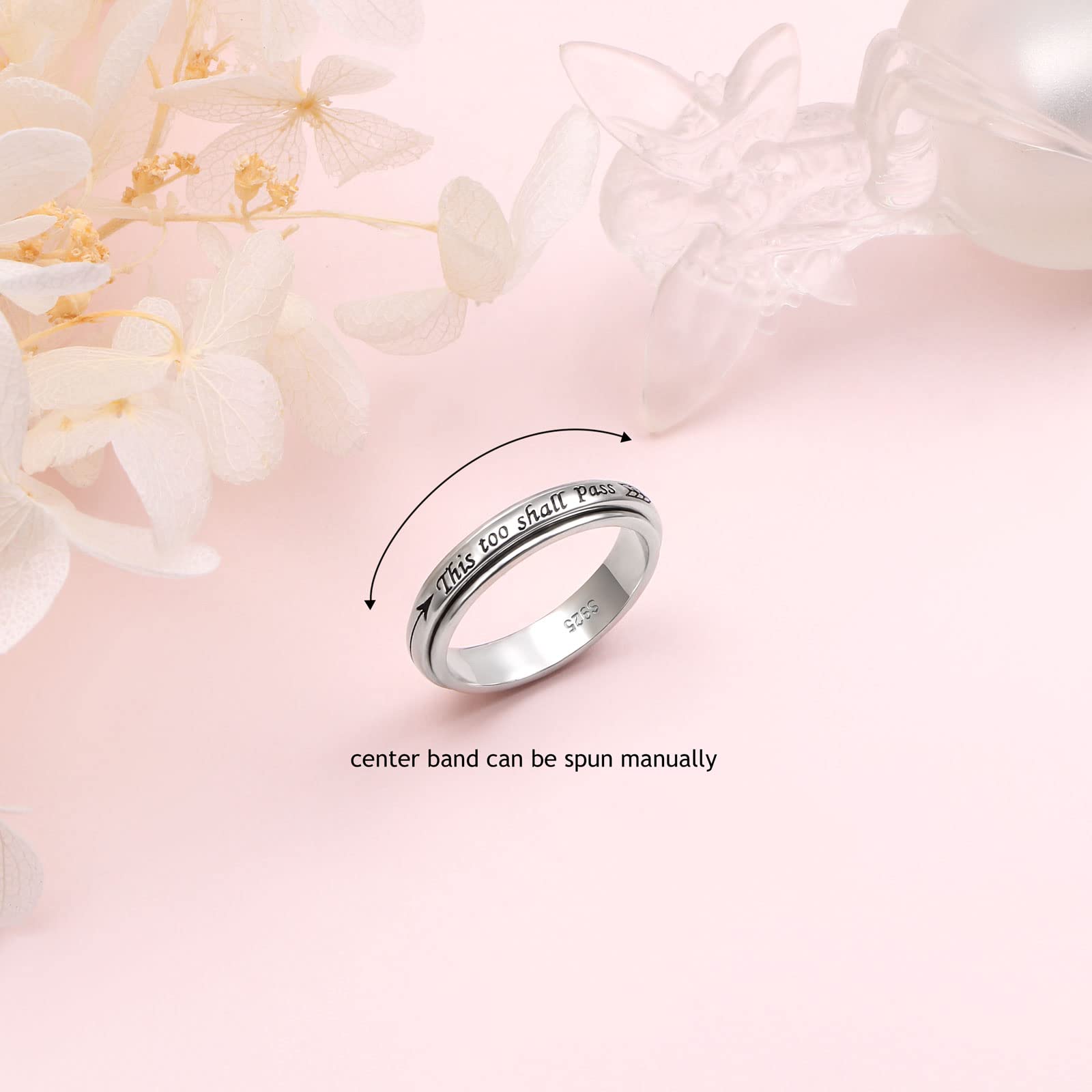 925 Silver Moon Star Spinner Ring for Anxiety Relief - ADHD Autism Stress Relief - Keep Going Inspirational Band for Men & Women