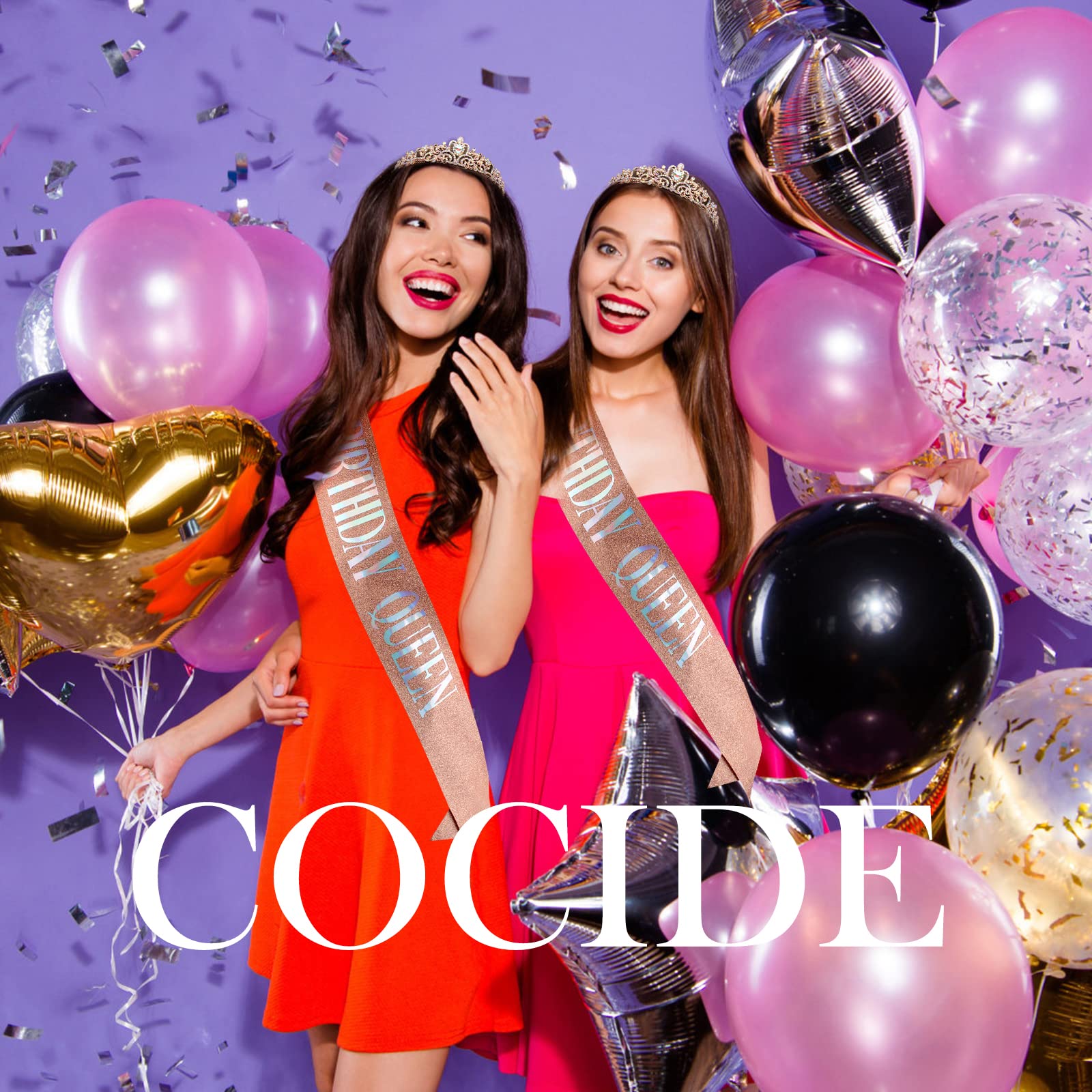 Birthday Queen Sash & Crystal Tiara Set - Silver Crown & Rhinestone Headband for Women & Girls | Rose Gold Tiara with Glitter Sash | Perfect for Birthday Parties, Bachelorette, Pageants & Special Events (Aurora Borealis Rose Gold)