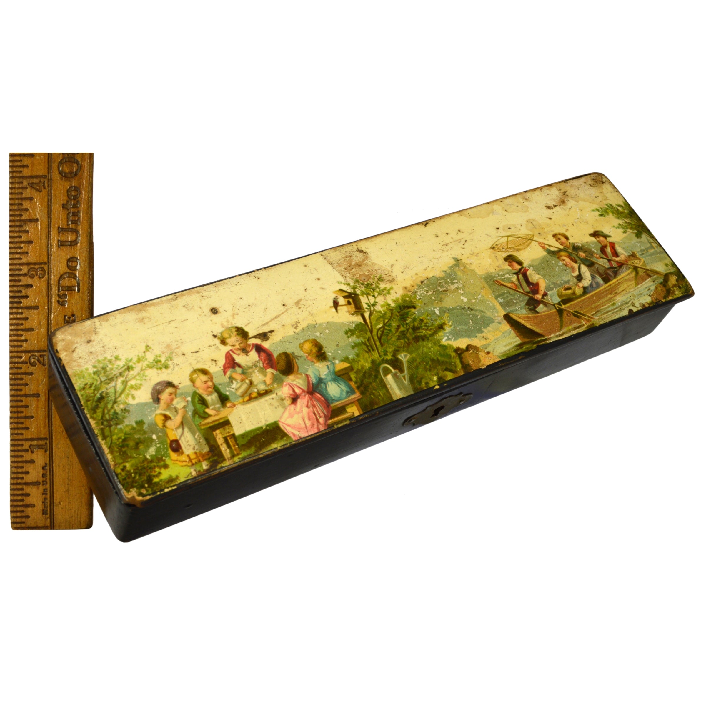 Vintage Enameled Pen and Pencil Artist Wood Box with Litho Lid - Kids in Nature Motif - Perfect for Collectors, Artists, and Home Office Decor