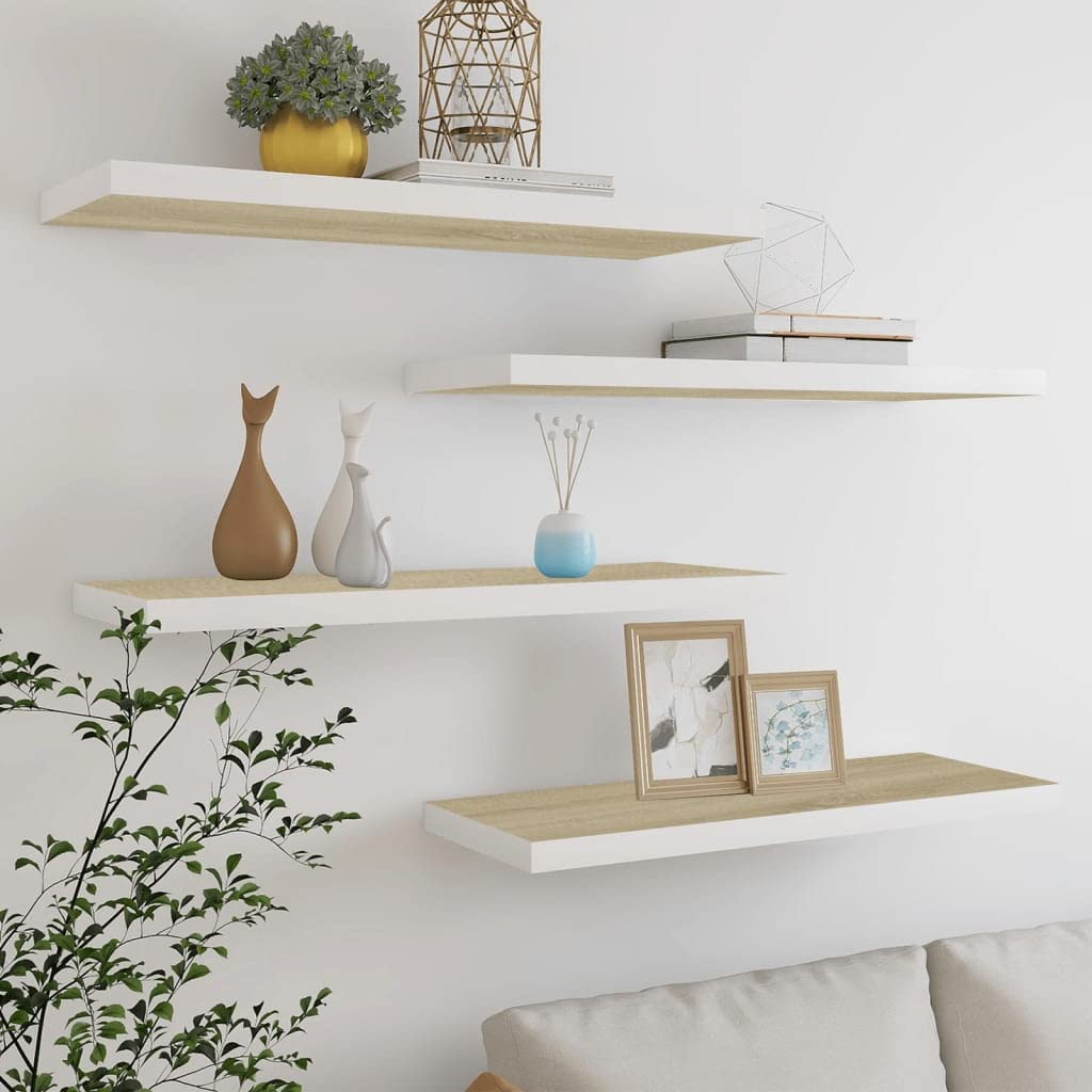 Floating Wall Shelves Set of 4 - Oak & White MDF Corner Shelves 31.5