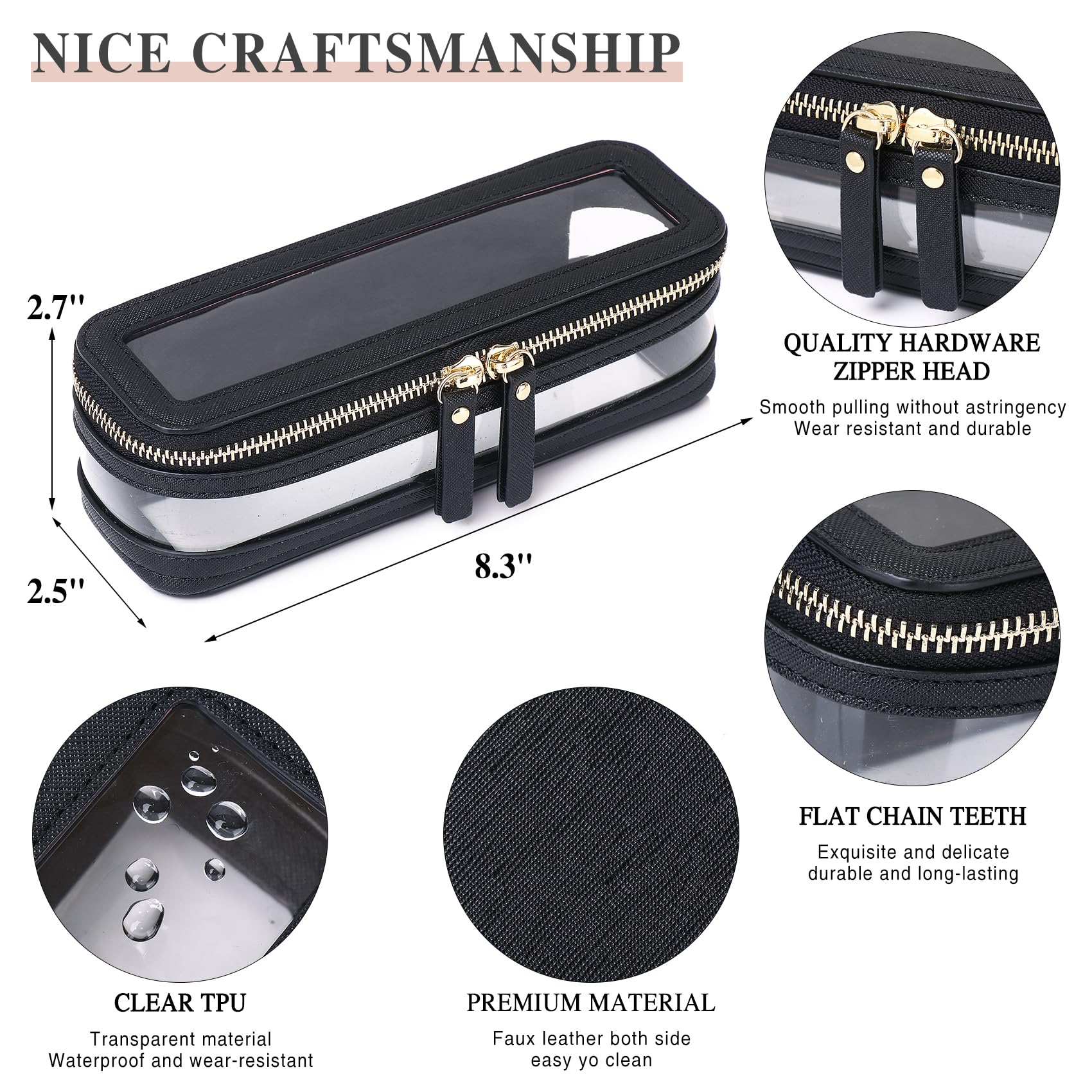 Travel Makeup Brush Case - Slim Clear Zipper Cosmetic Bag for Women | Perfect for On-the-Go & Car Essentials (Black)