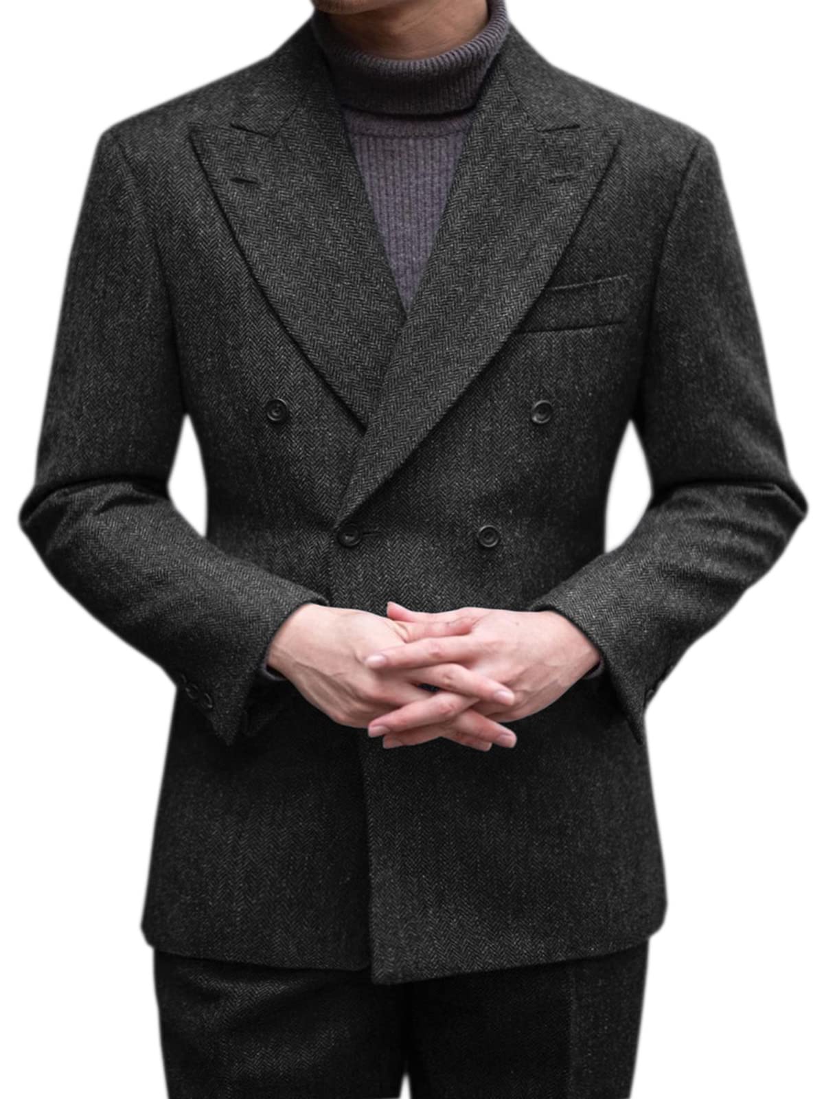 SOLOVEDRESS Men's 2-Piece Wool Suit Set - Classic Herringbone Double Breasted Blazer & Pants for Wedding, Groomsmen, Business & Formal Events
