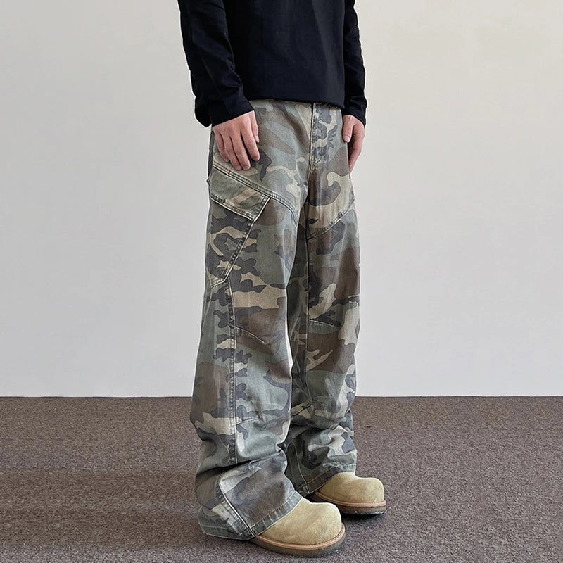 Men's American Style Cargo Pants - Camouflage Print, Wide Leg, Loose Fit Streetwear Trousers for Casual Wear | Perfect for Spring Outfits, Urban Fashion & Outdoor Activities
