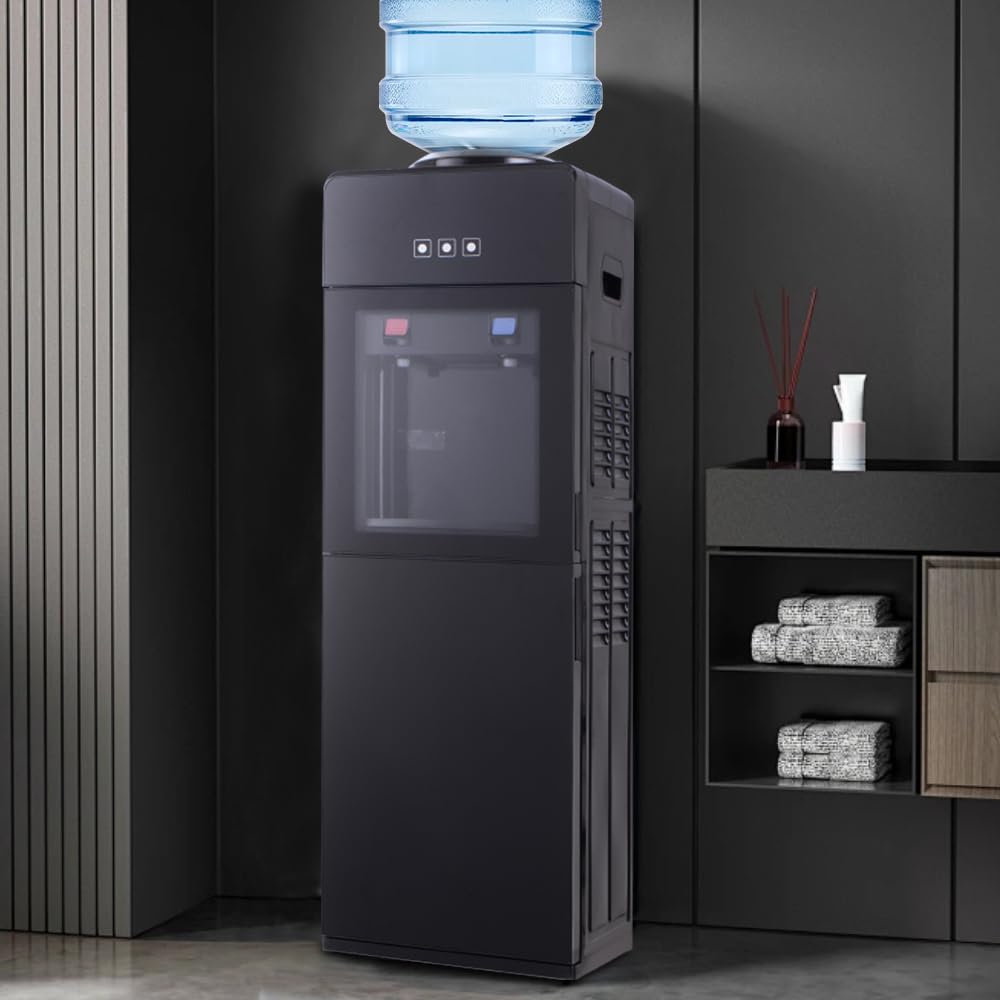Top Loading Hot & Cold Water Cooler Dispenser for 3/5 Gallon Bottles - Child Safety Lock & Storage Cabinet - Perfect for Home, Office & Kitchen Use (Black)