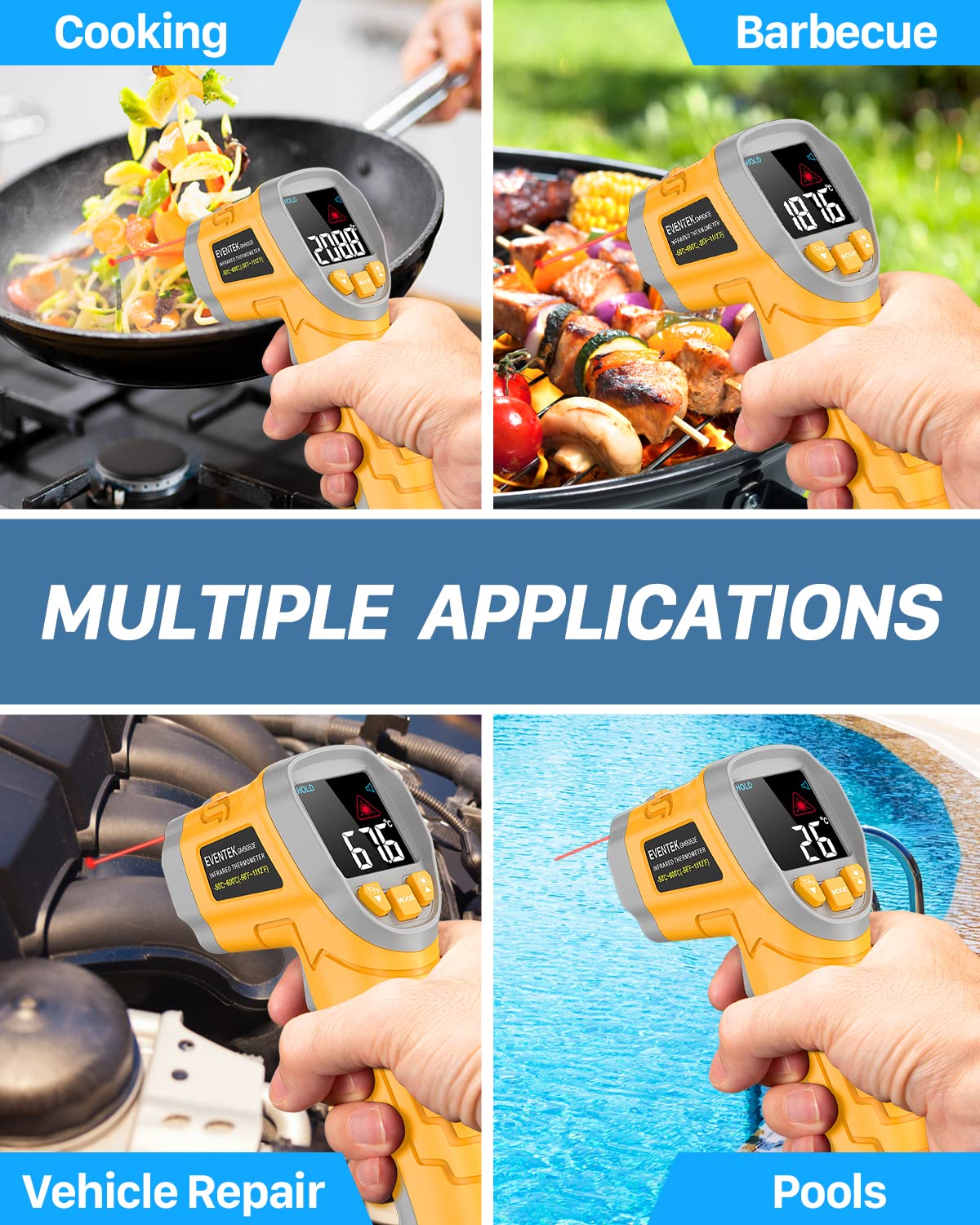 Eventek Digital Infrared Thermometer - Non-Contact Laser Temperature Gun with Color Display (-58°F to 1112°F / -50°C to 600°C), Adjustable Emissivity for Cooking, BBQ, Pizza Oven, Engine, HVAC, Industrial Use - Perfect for Kitchen, Automotive, and Home Maintenance