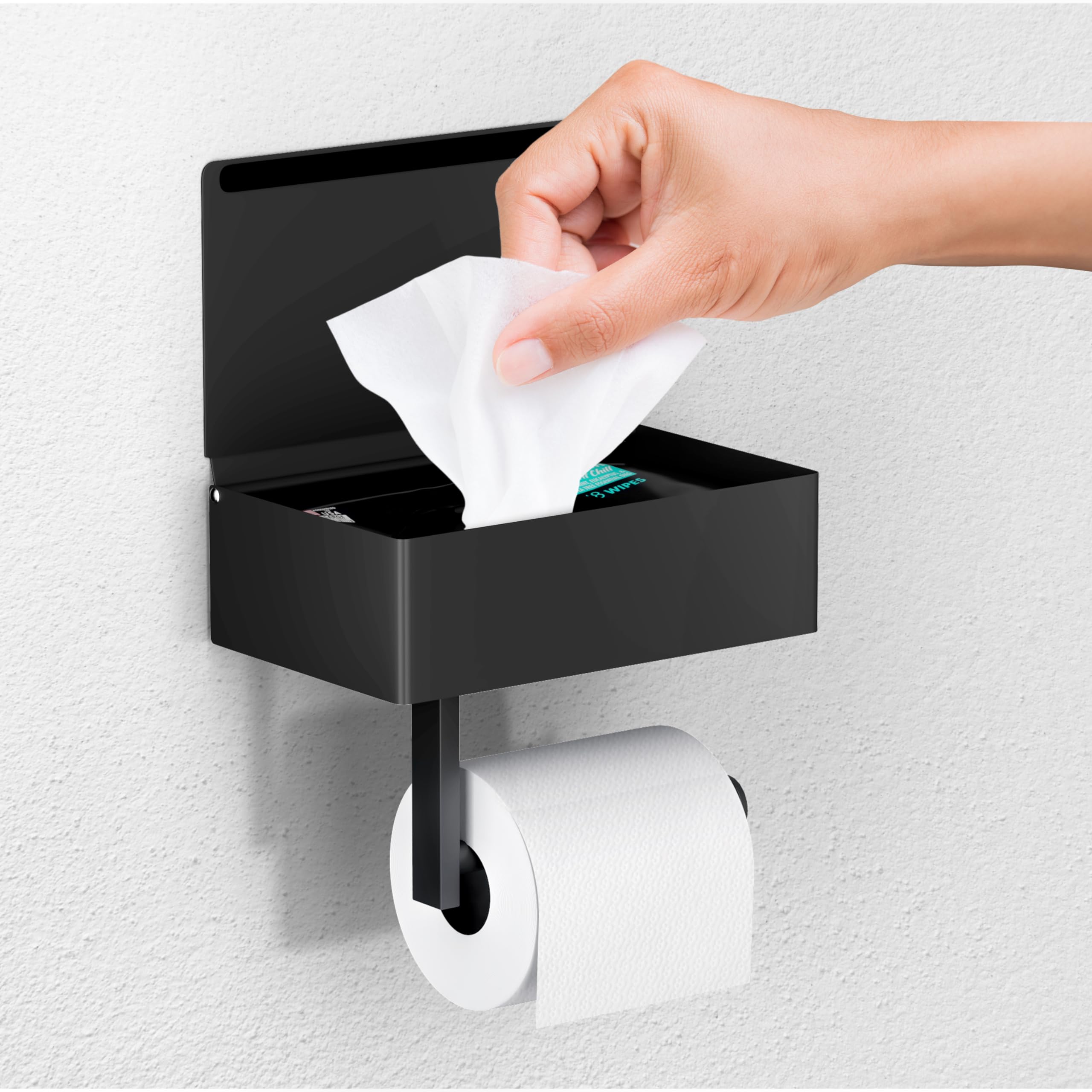 Day Moon™ Matte Black Toilet Paper Holder with Shelf - Bathroom Wipes Dispenser & Storage Organizer | Wall Mounted for Toilet Paper & Flushable Wipes | Perfect for Modern Bathrooms, Powder Rooms & Guest Toilets
