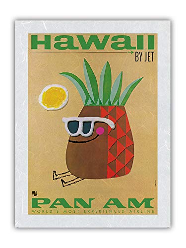 Vintage Pan American World Airways Travel Poster - Mr. Pineapple Head Hawaii by Jet - Premium Unryu Rice Paper Art Print 12x16 Inches - Perfect for Home Decor, Office Wall Art & Aviation Enthusiast Gifts