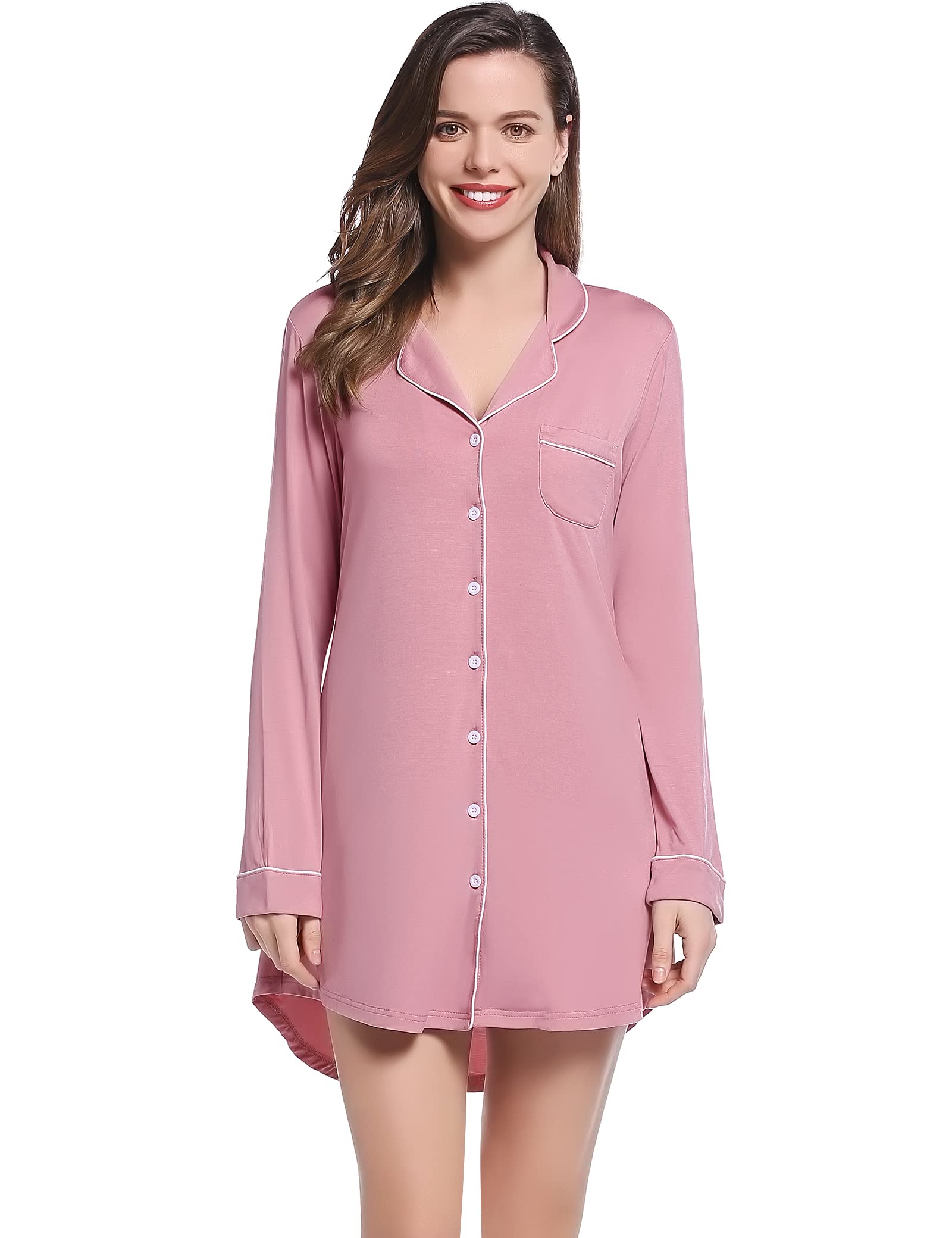 Amorbella Women's Bamboo Cooling Sleep Shirt - Long Sleeve Button Up Nightgown, Summer Pajama T-Shirt (Sizes S-XXL) - Perfect for Hot Nights & Lounge Wear
