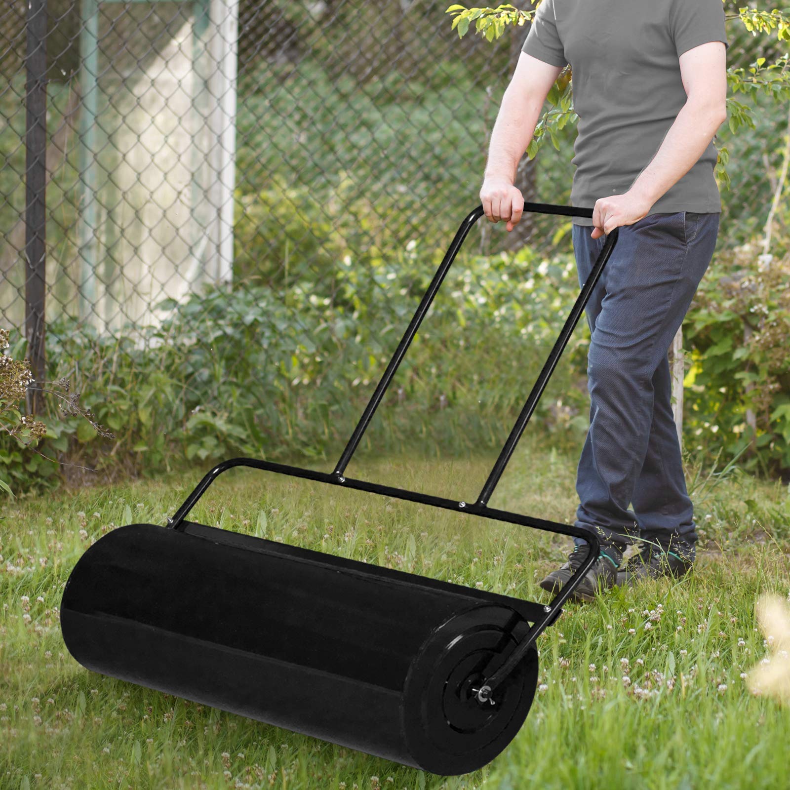 VINGLI 36 Inch Heavy Duty Lawn Roller - Water or Sand Filled Garden Drum Roller for Leveling Grass, Soil & Yard - Push/Tow Behind for Lawn Care, Landscaping & Backyard Maintenance (Black) | Perfect for New Sod Installation, Seed Planting & Ground Compaction
