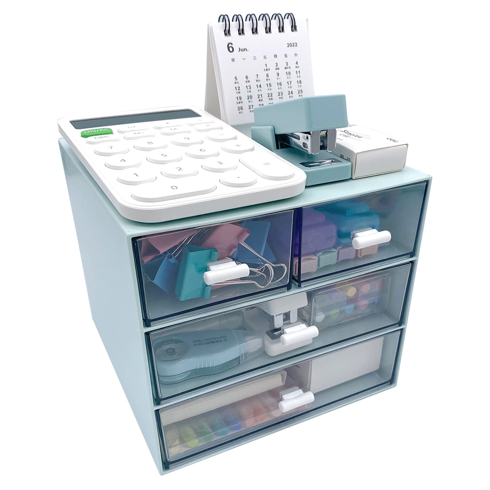 4-Drawer Makeup Organizer & Desk Organizer - Cosmetic Storage Box for Vanity, Bathroom Counter or Dresser - Blue (QBH-4CT-2) - Perfect for Organizing Cosmetics, Jewelry & Small Bathroom Essentials