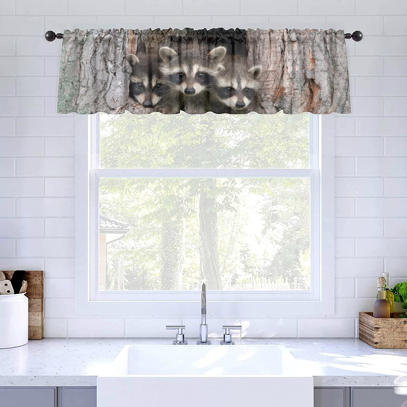YUMOING Blackout Curtains 58x18 Inch - Cute Raccoon Forest Design, Linen Blend Window Shades for Bedroom & Kitchen Decor | Perfect for Light Blocking, Privacy & Room Darkening